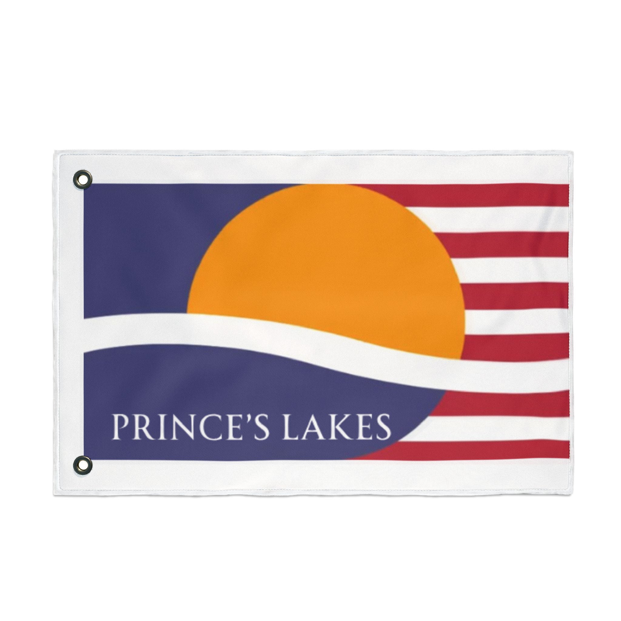 Prince's Lakes Double-Sided Outdoor Flag — Sunset Wave Logo Garden Flag
