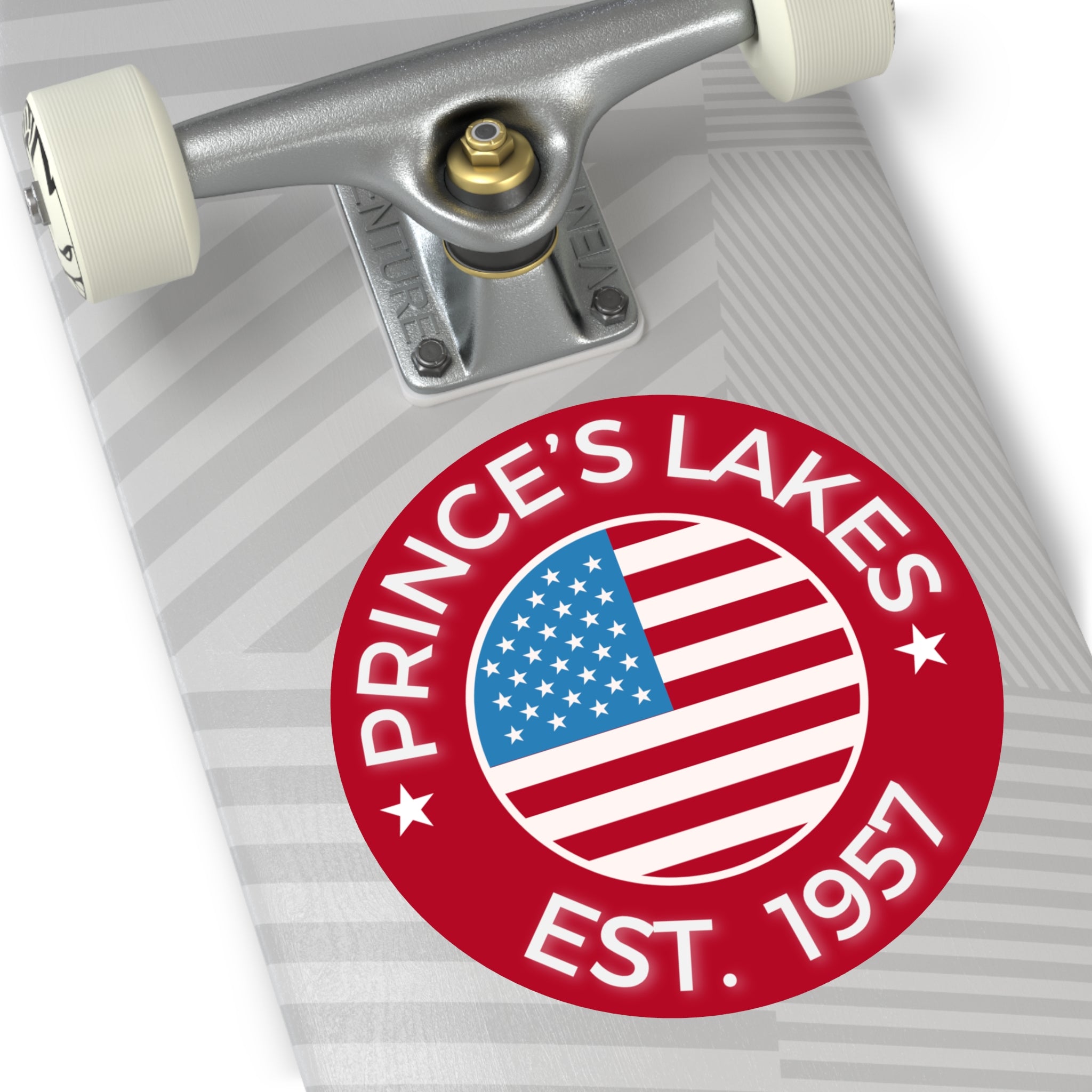 Prince's Lakes Est. 1957 Round Vinyl Sticker — American Flag Lake Pride