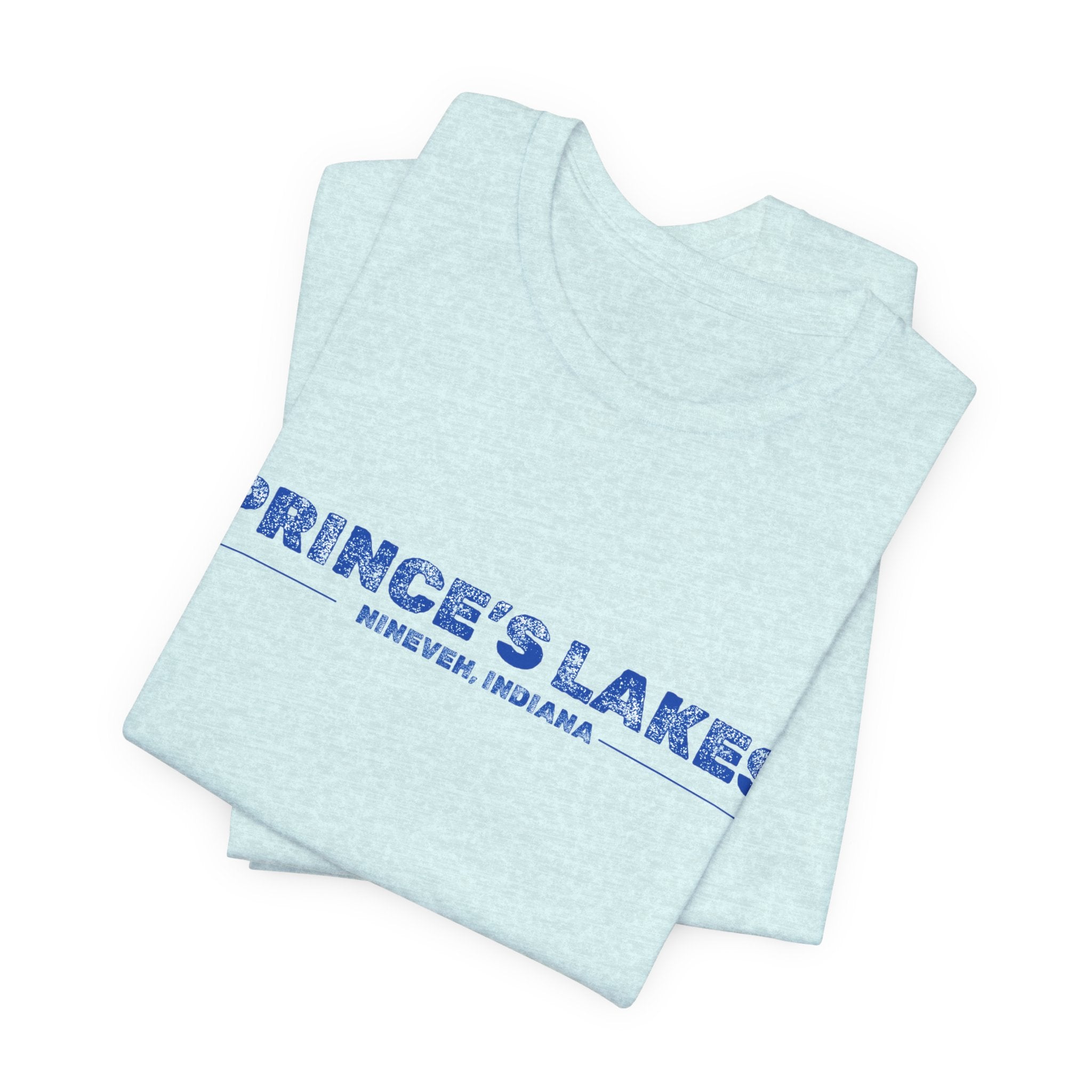 Prince's Lakes, Indiana Tee — Vintage Blue Text Short Sleeve T-Shirt
