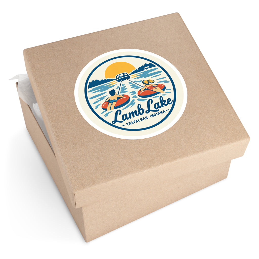 Lamb Lake Round Sticker — Retro Lake Tubing Design (Trafalgar, Indiana)