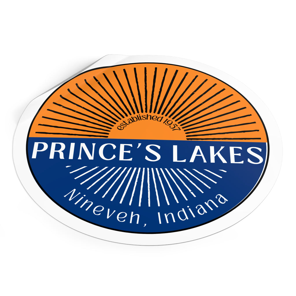 Prince's Lakes Round Vinyl Sticker — Nineveh, Indiana Split Sunrise Design