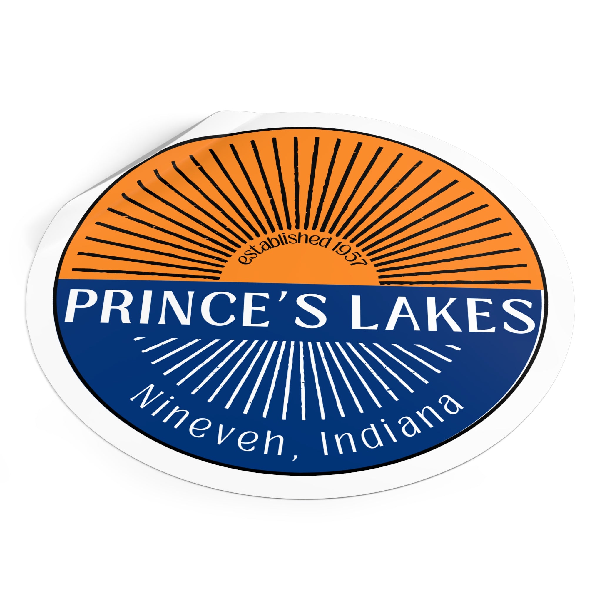 Prince's Lakes Round Vinyl Sticker — Nineveh, Indiana Split Sunrise Design