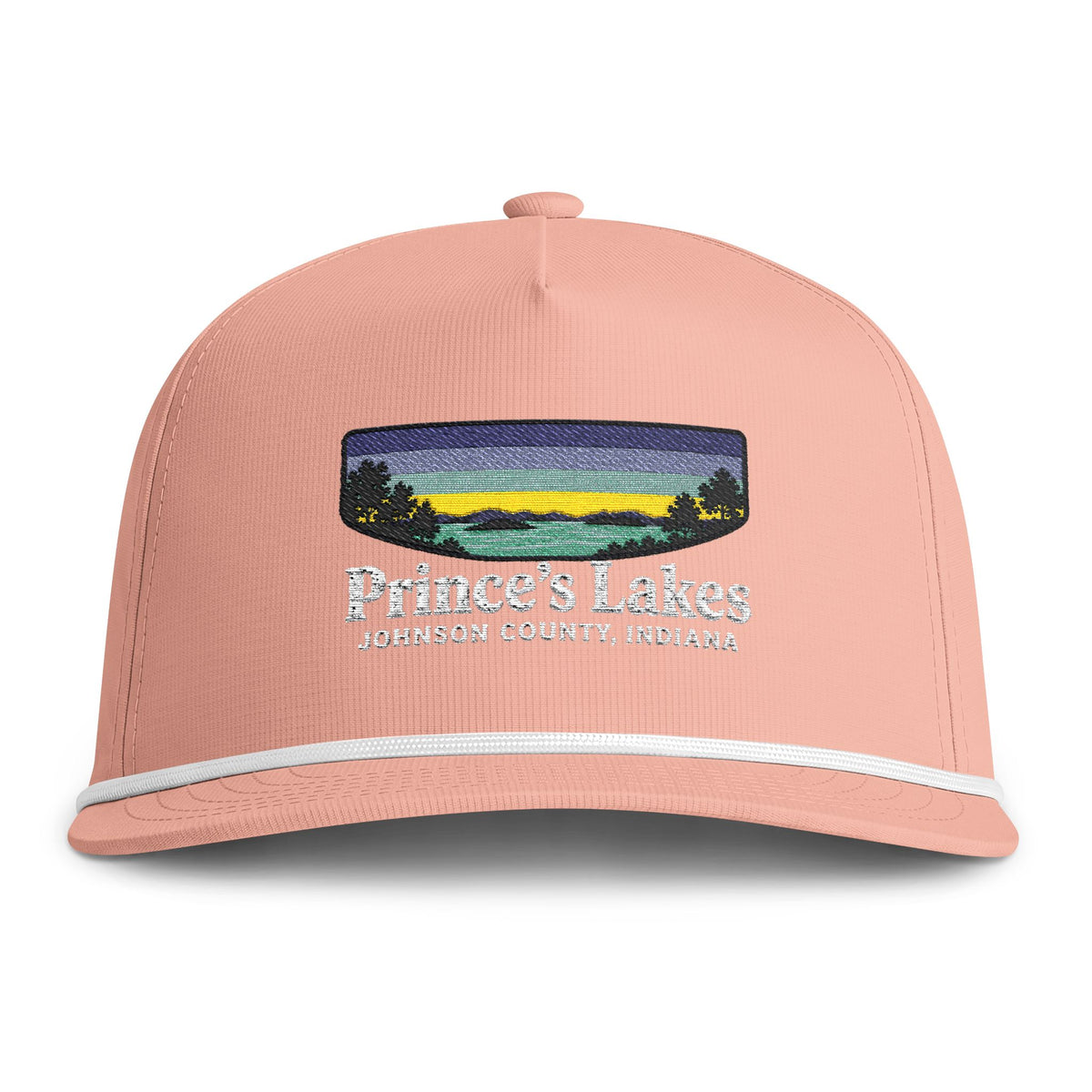 Sunset Lakes Rope Cap — "Prince's Lakes" White Font Embroidered Trucker Hat