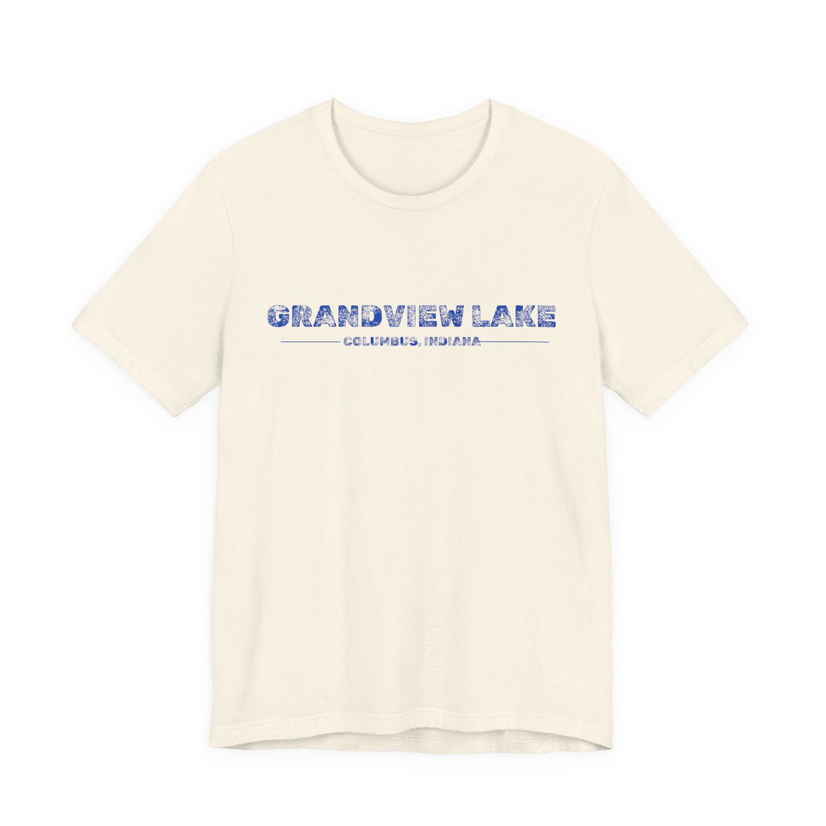 Grandview Lake Columbus, Indiana Tee — Vintage Blue Text Short Sleeve T-Shirt