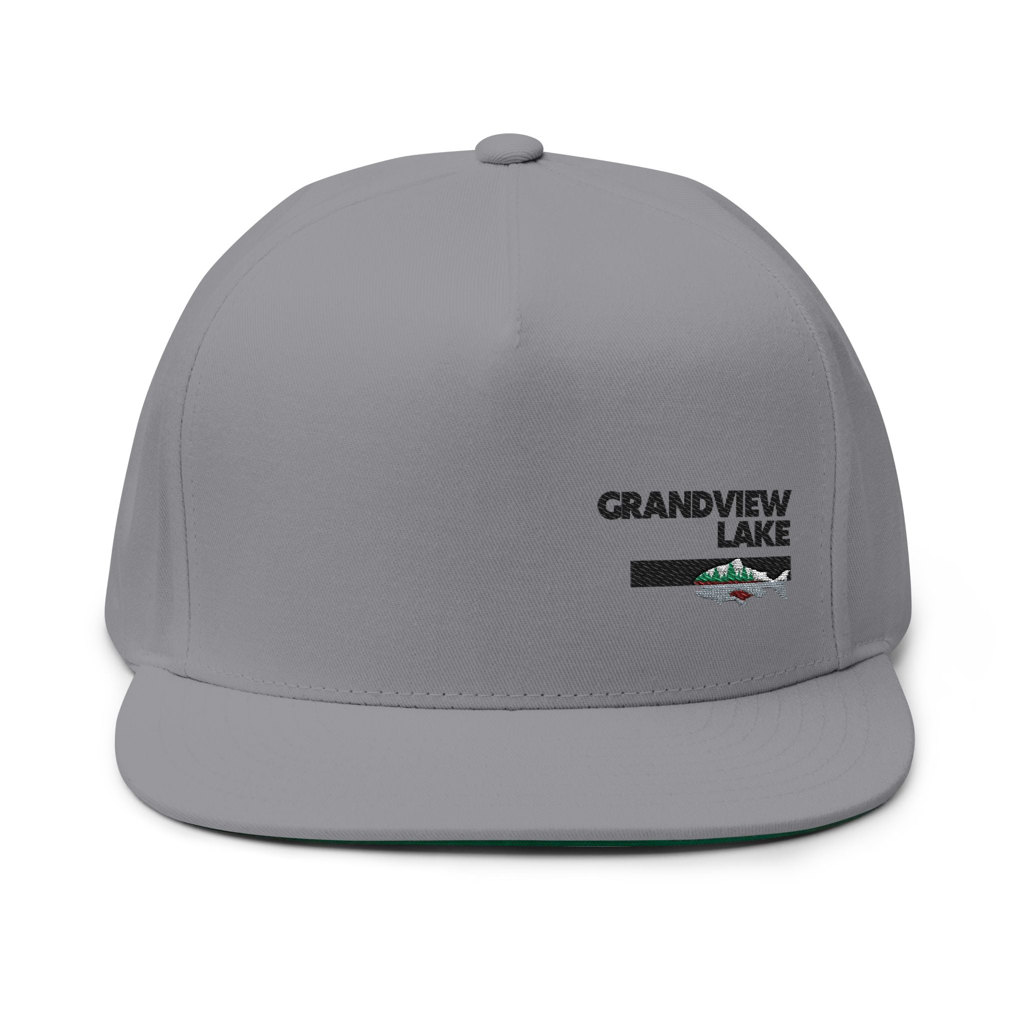 Grandview Lake Black Embroidered Flat Bill Cap — Fishing & Lake Life Snapback