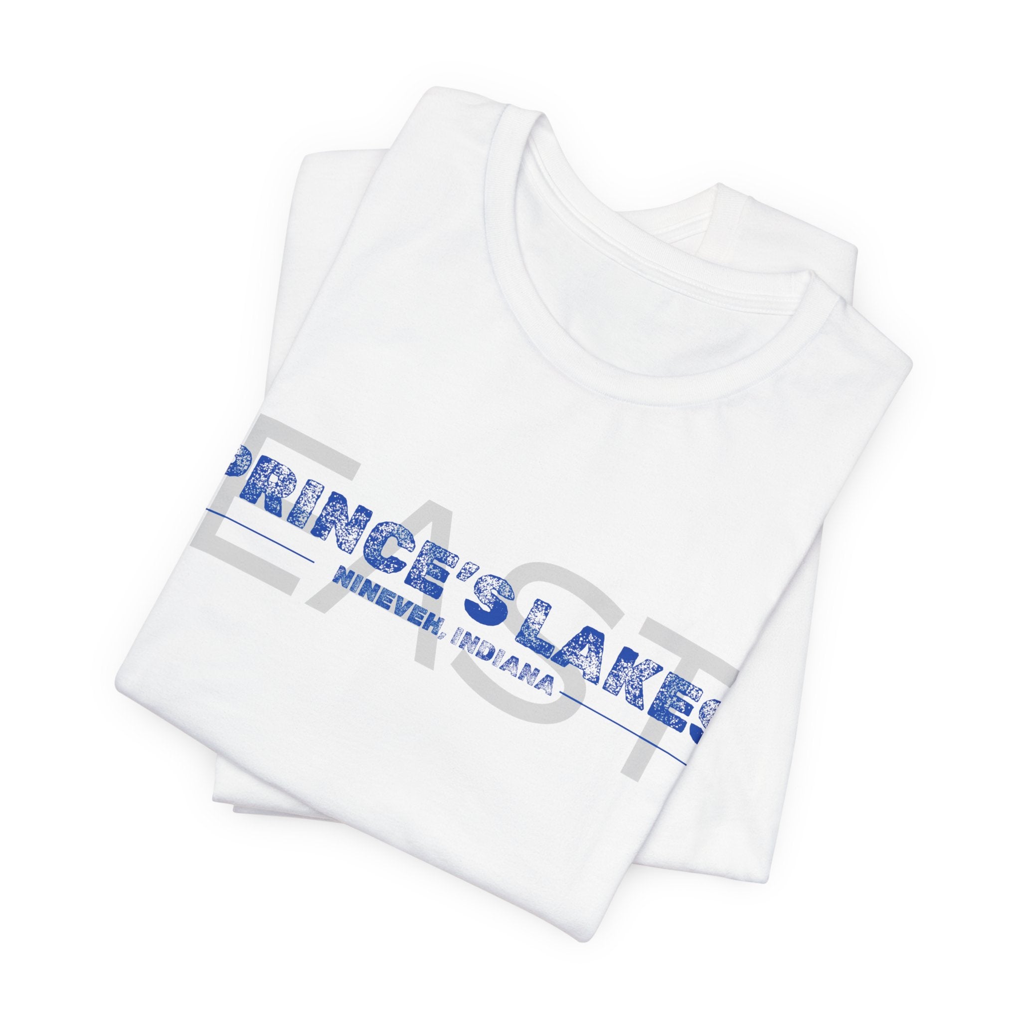 EAST Prince's Lakes, Indiana Tee — Vintage Blue Text Short Sleeve T-Shirt