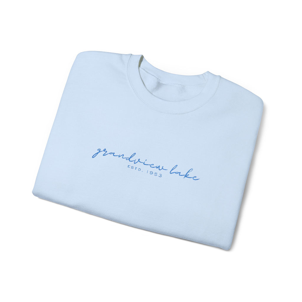 Grandview Lake Script Embroidered Unisex Sweatshirt — Minimal Blue Handwritten Logo Crewneck