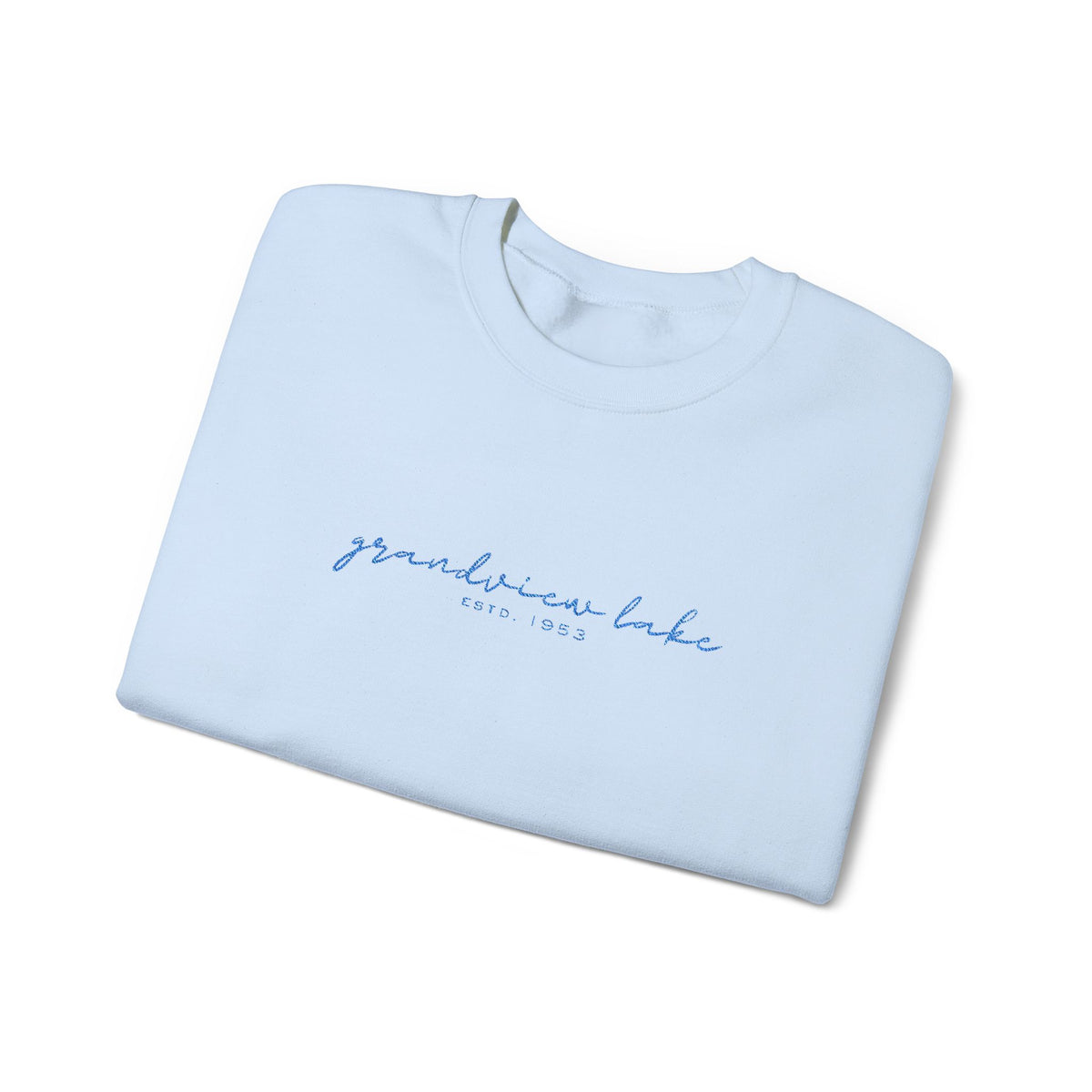 Grandview Lake Script Embroidered Unisex Sweatshirt — Minimal Blue Handwritten Logo Crewneck
