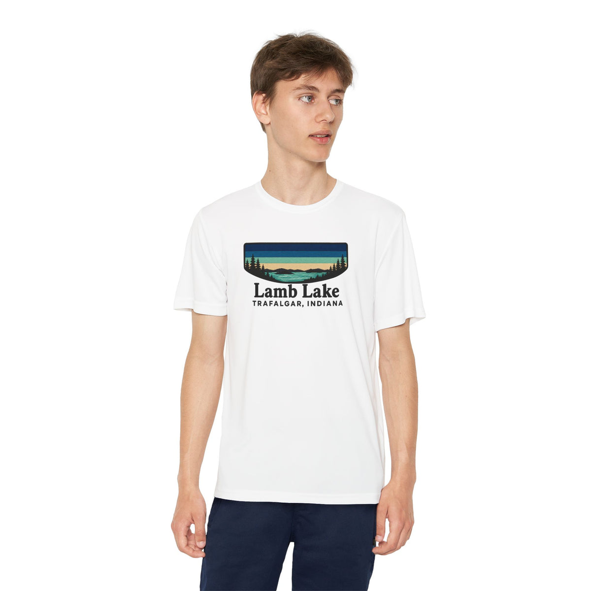 Youth Performance Tee — Lamb Lake Retro Sunset Camp Shirt