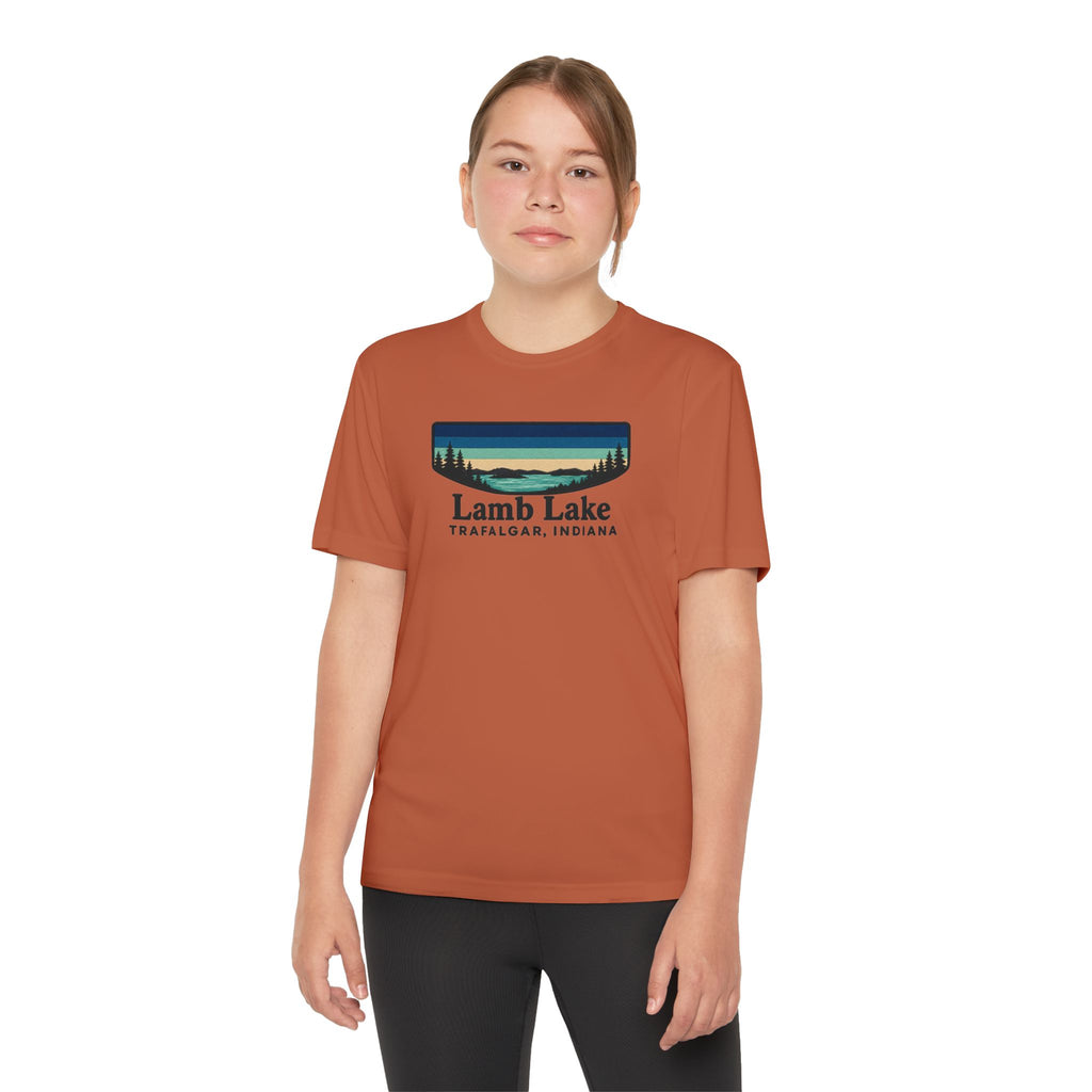 Youth Performance Tee — Lamb Lake Retro Sunset Camp Shirt