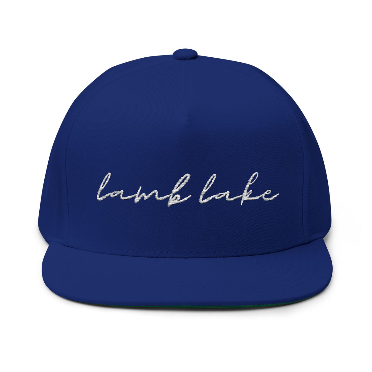 Lamb Lake White Script Embroidered Flat Bill Cap