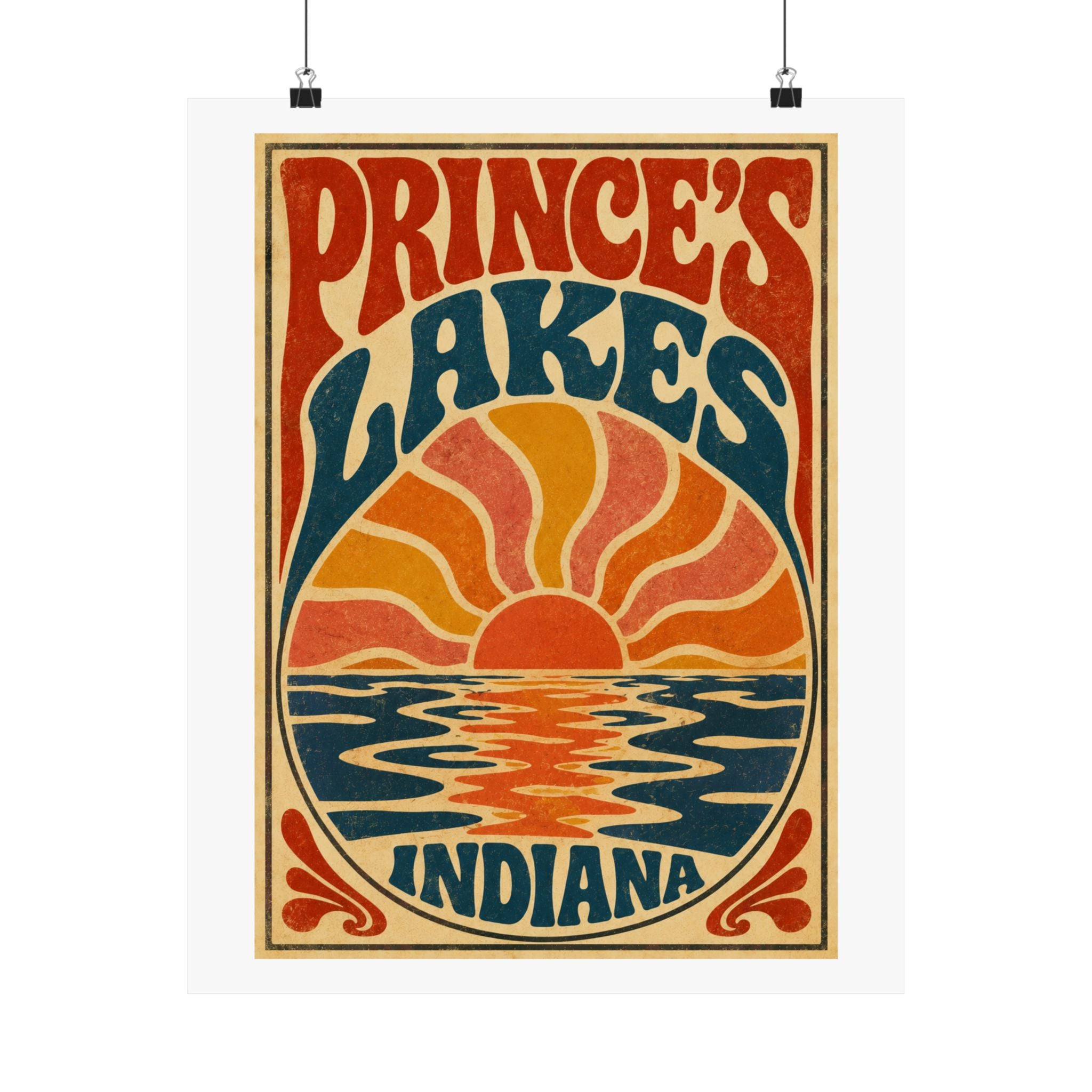 Prince's Lakes Indiana Groovy Sunset Poster — Matte Vertical Wall Art