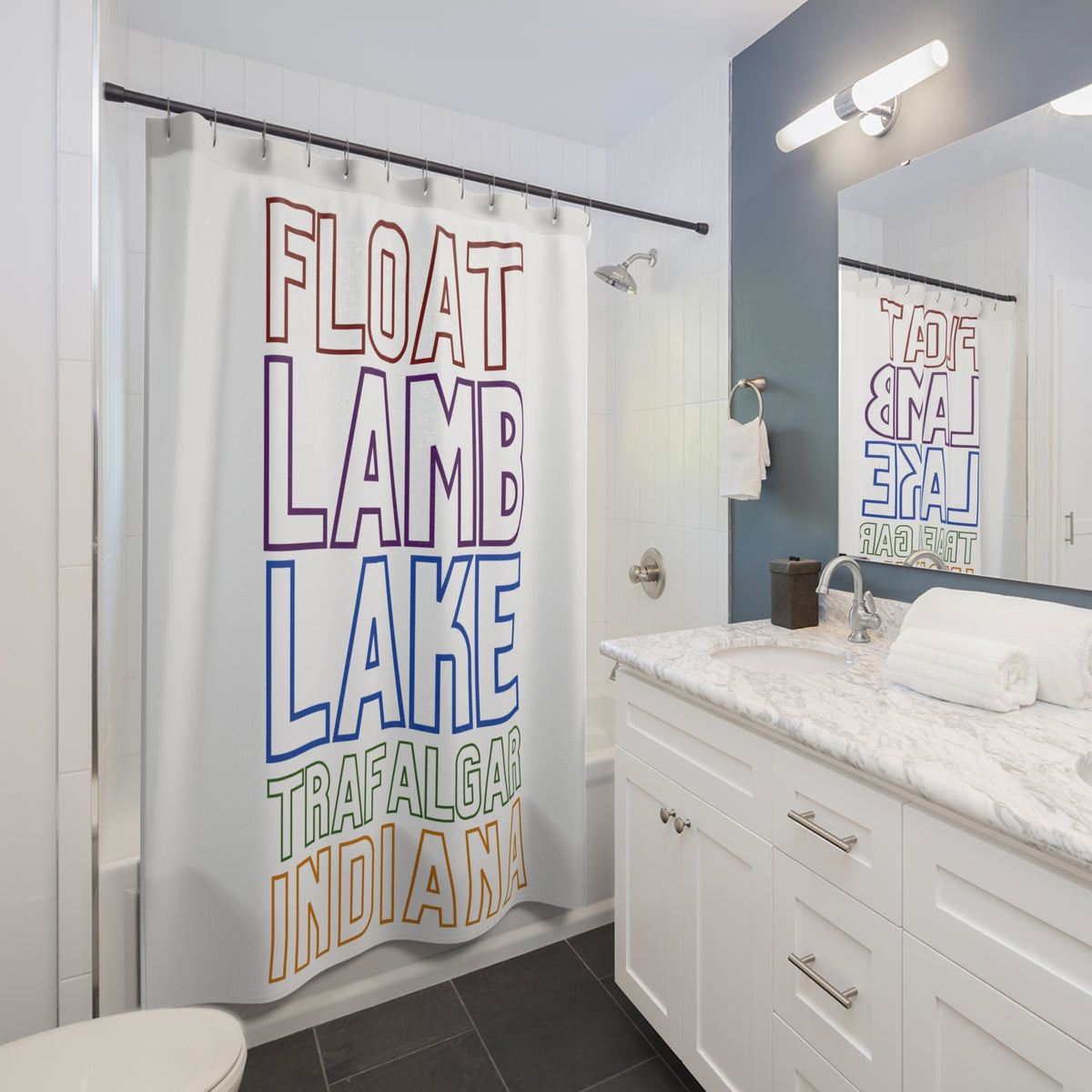 Float Lamb Lake Shower Curtain — "Float Lamb Lake Trafalgar, Indiana"