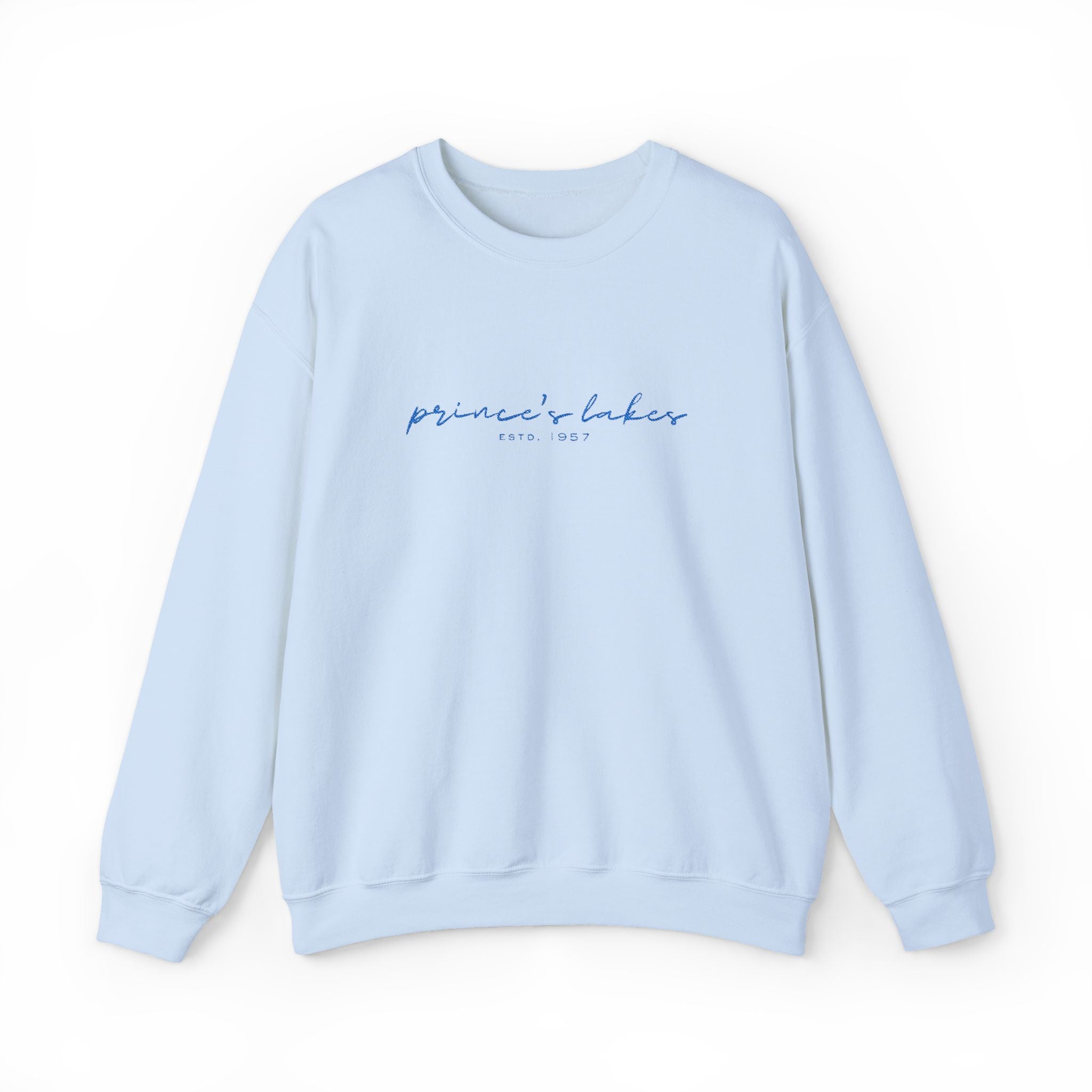 'Prince's Lakes' Script Embroidered Unisex Sweatshirt — Minimal Blue Handwritten Logo Crewneck