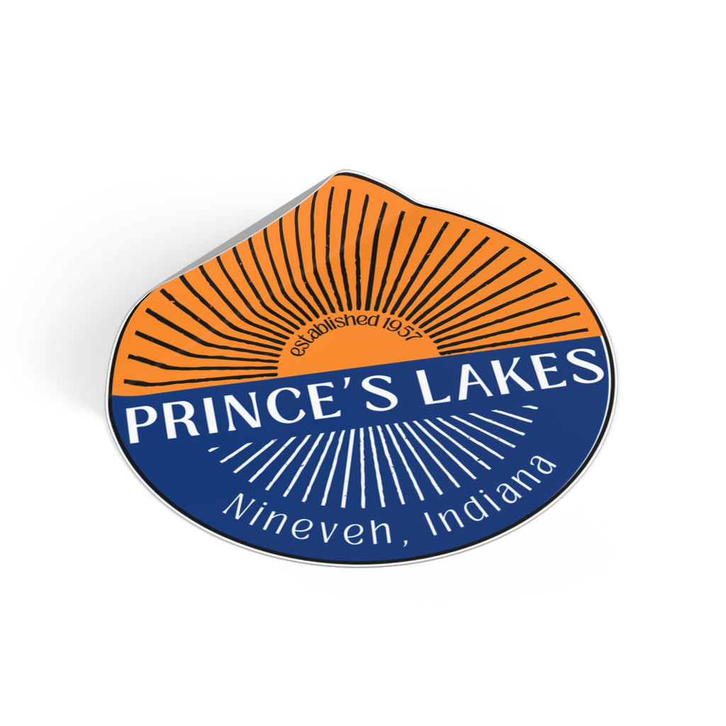 Prince’s Lakes Sunset Round Vinyl Sticker — Nineveh, Indiana Vintage Sunrise Design