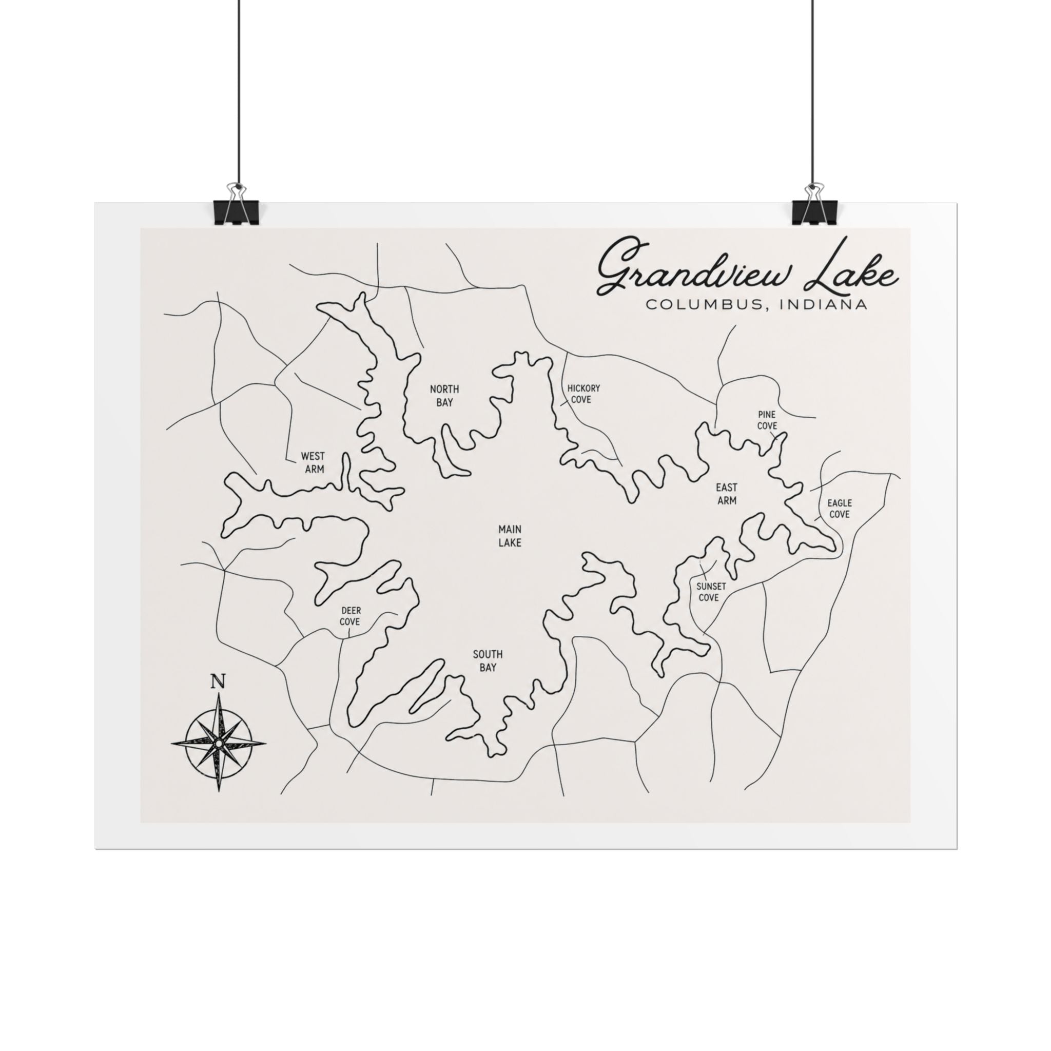 Grandview Lake Map Poster — Rolled Vintage Nautical Lake Map Wall Art
