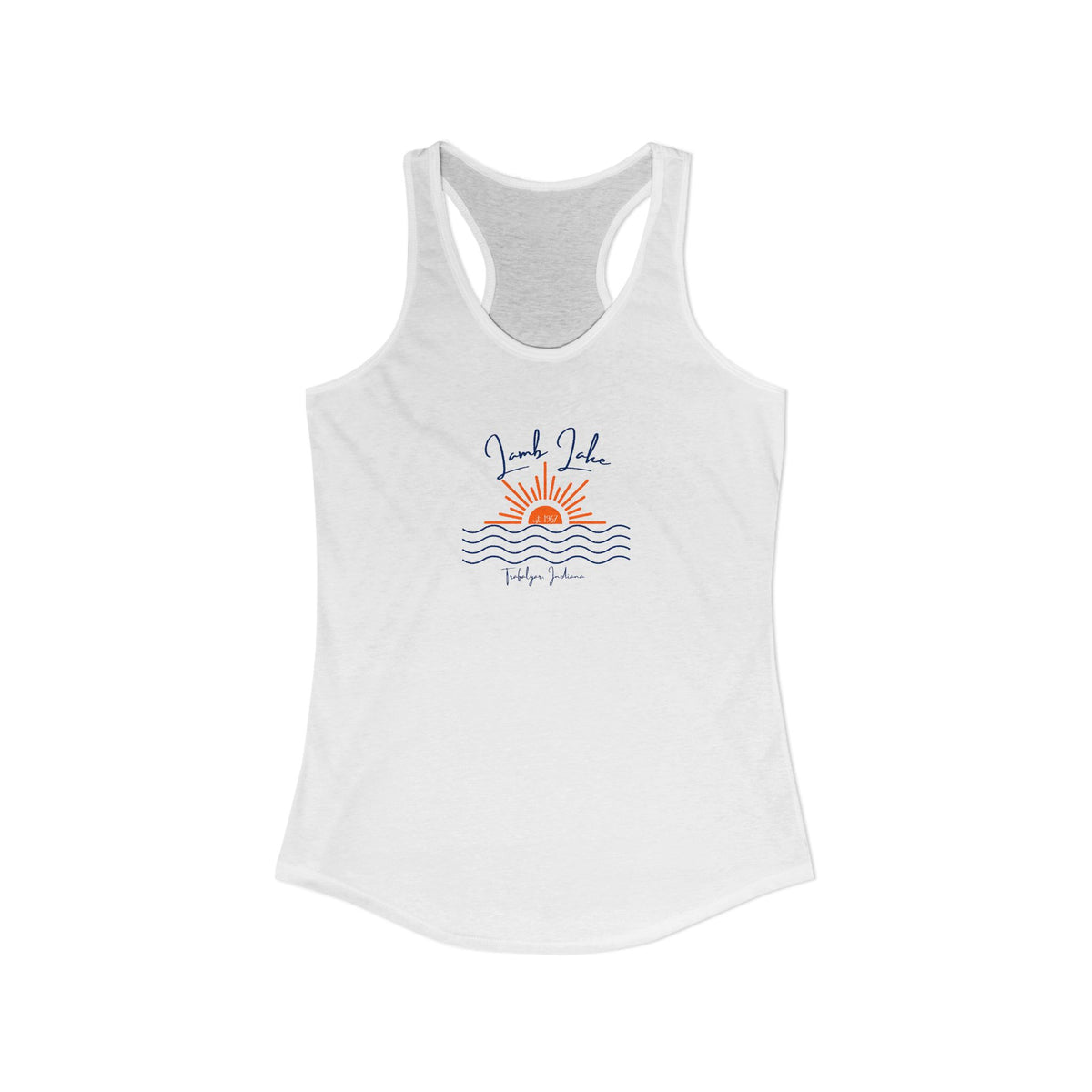 Women's Ideal Racerback Tank- Sun over Water "Lamb Lake" Script