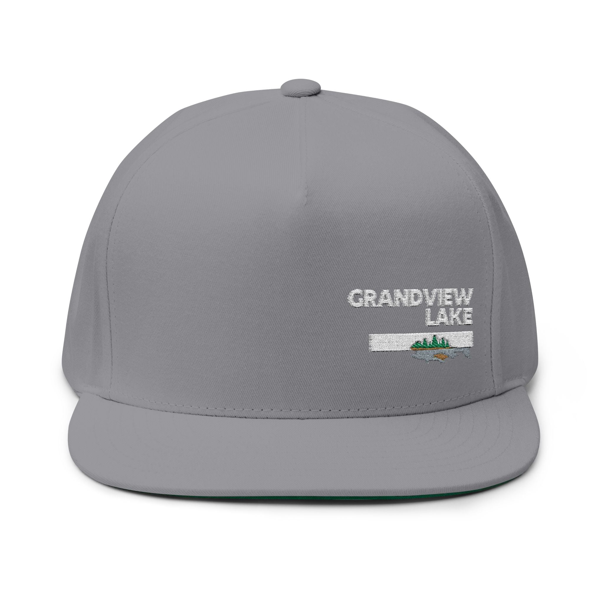 Grandview Lake White Embroidered Flat Bill Cap — Fishing & Lake Life Snapback