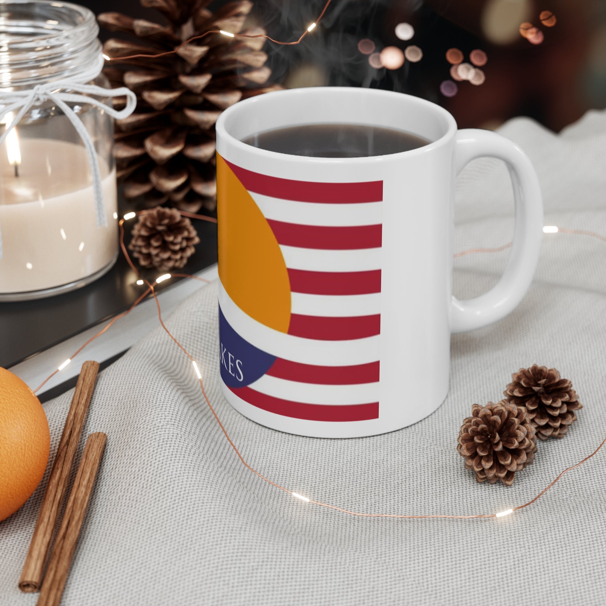 Prince's Lakes Flag Sunset Mug — Scenic Lake Cabin Coffee Cup (11oz)