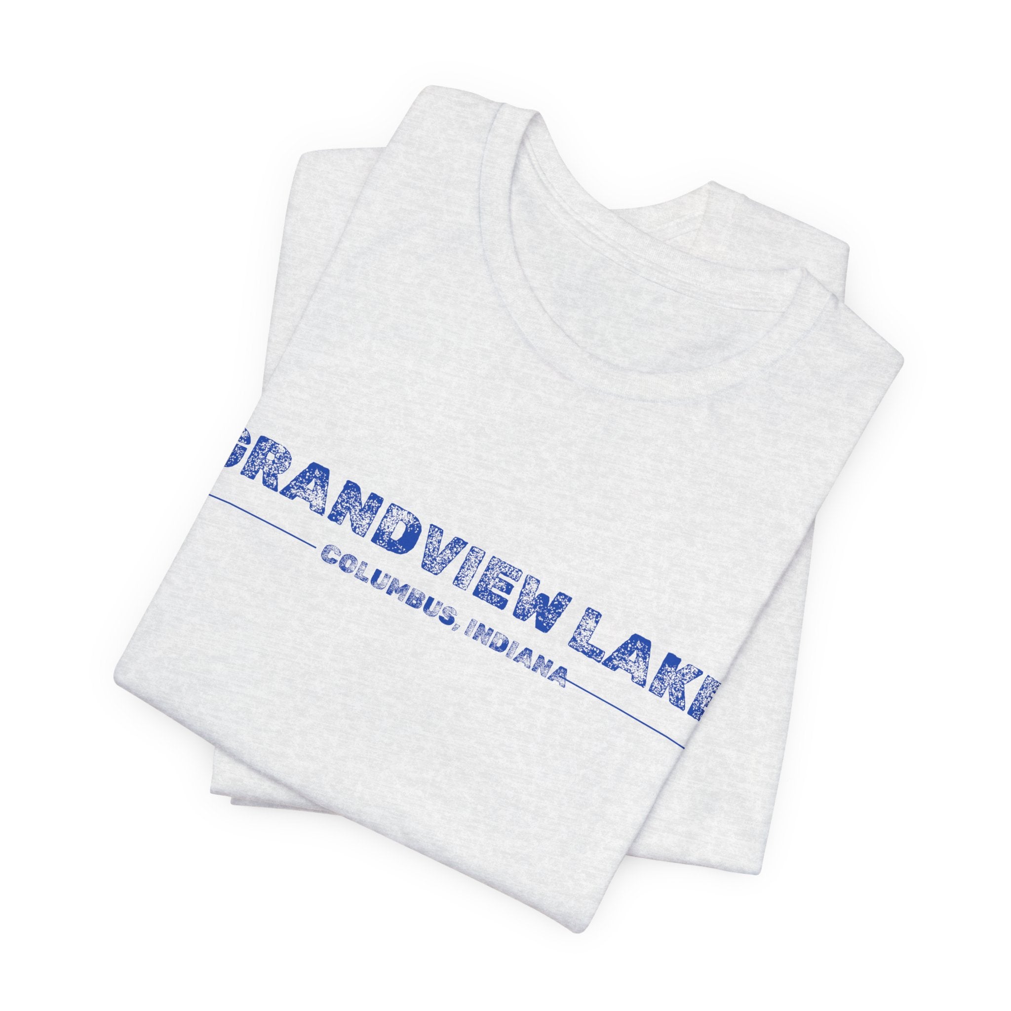 Grandview Lake Columbus, Indiana Tee — Vintage Blue Text Short Sleeve T-Shirt