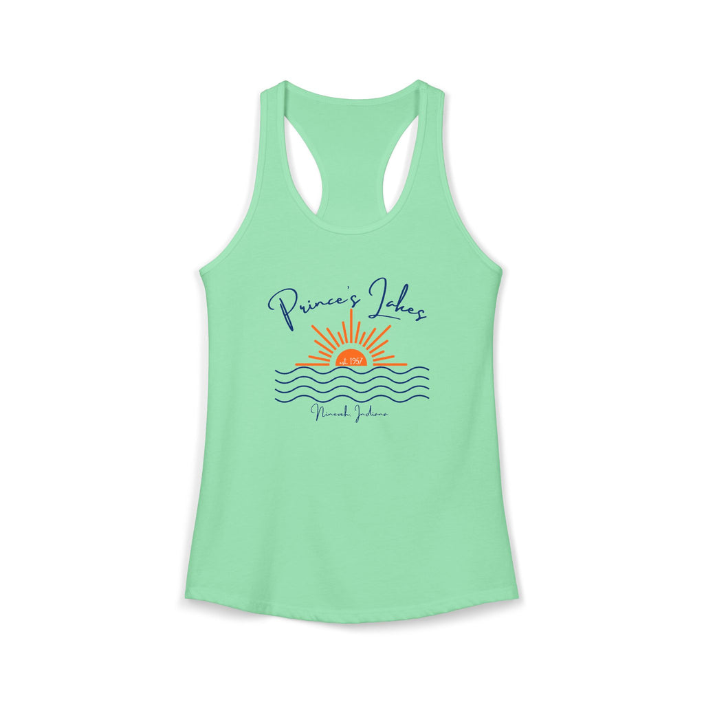 Women's Ideal Racerback Tank- Sun over Water "Prince's Lakes" Script