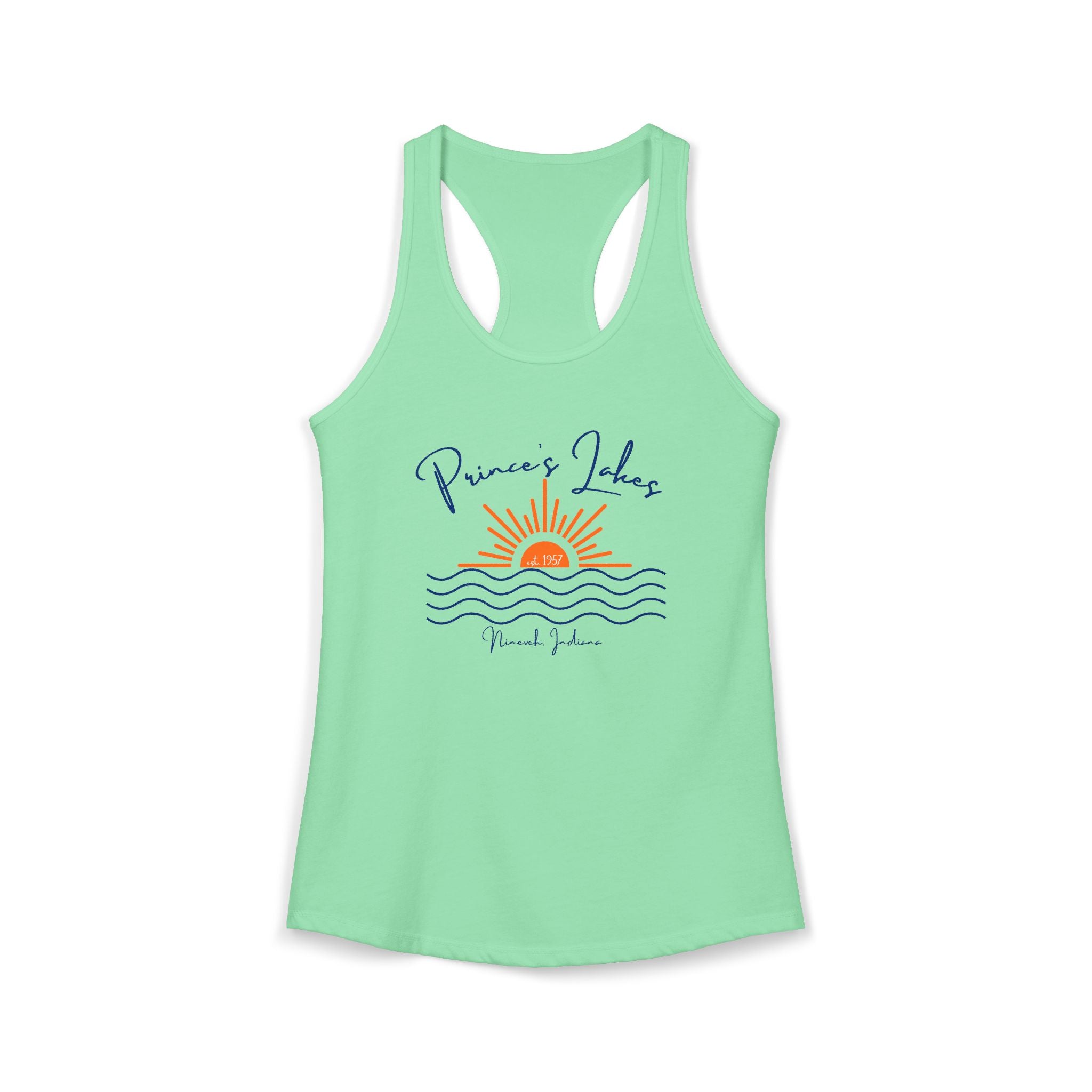 Women's Ideal Racerback Tank- Sun over Water "Prince's Lakes" Script