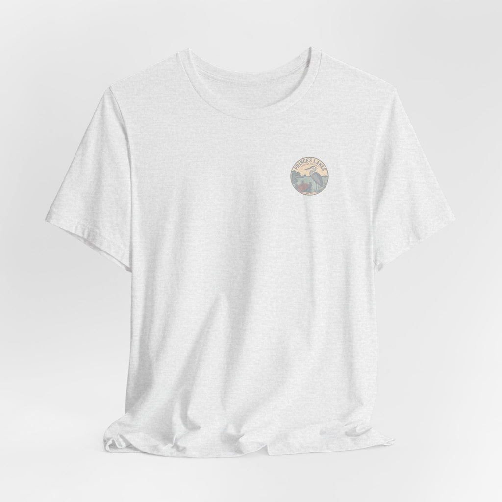 Prince's Lakes Great Blue Heron Graphic Tee — Vintage Nature Pocket & Back Print