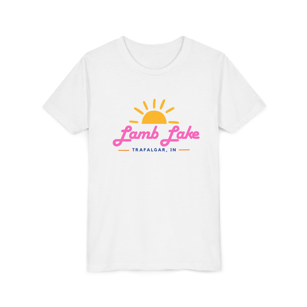 Youth Tee — Lamb Lake Retro Sunset Kids Shirt (Trafalgar, IN)