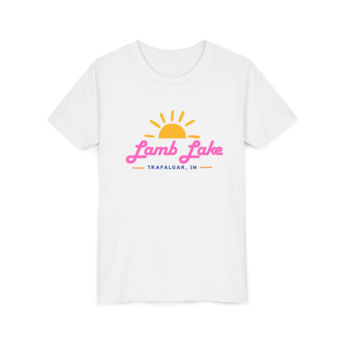 Youth Tee — Lamb Lake Retro Sunset Kids Shirt (Trafalgar, IN)