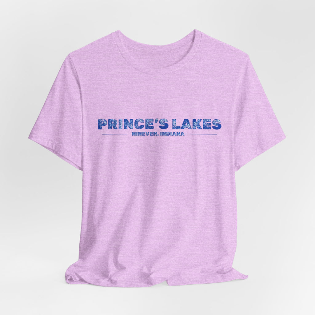 Prince's Lakes, Indiana Tee — Vintage Blue Text Short Sleeve T-Shirt