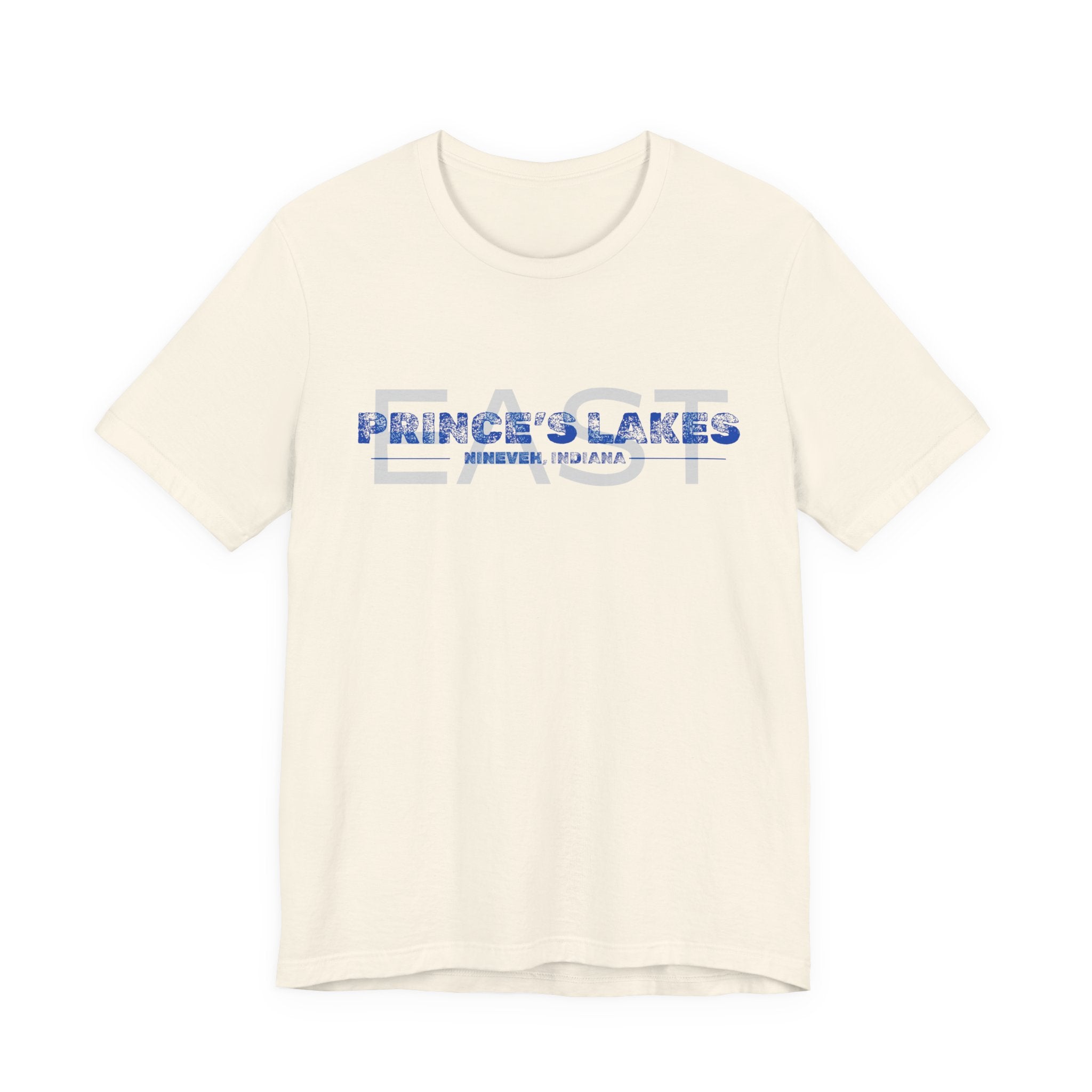 EAST Prince's Lakes, Indiana Tee — Vintage Blue Text Short Sleeve T-Shirt