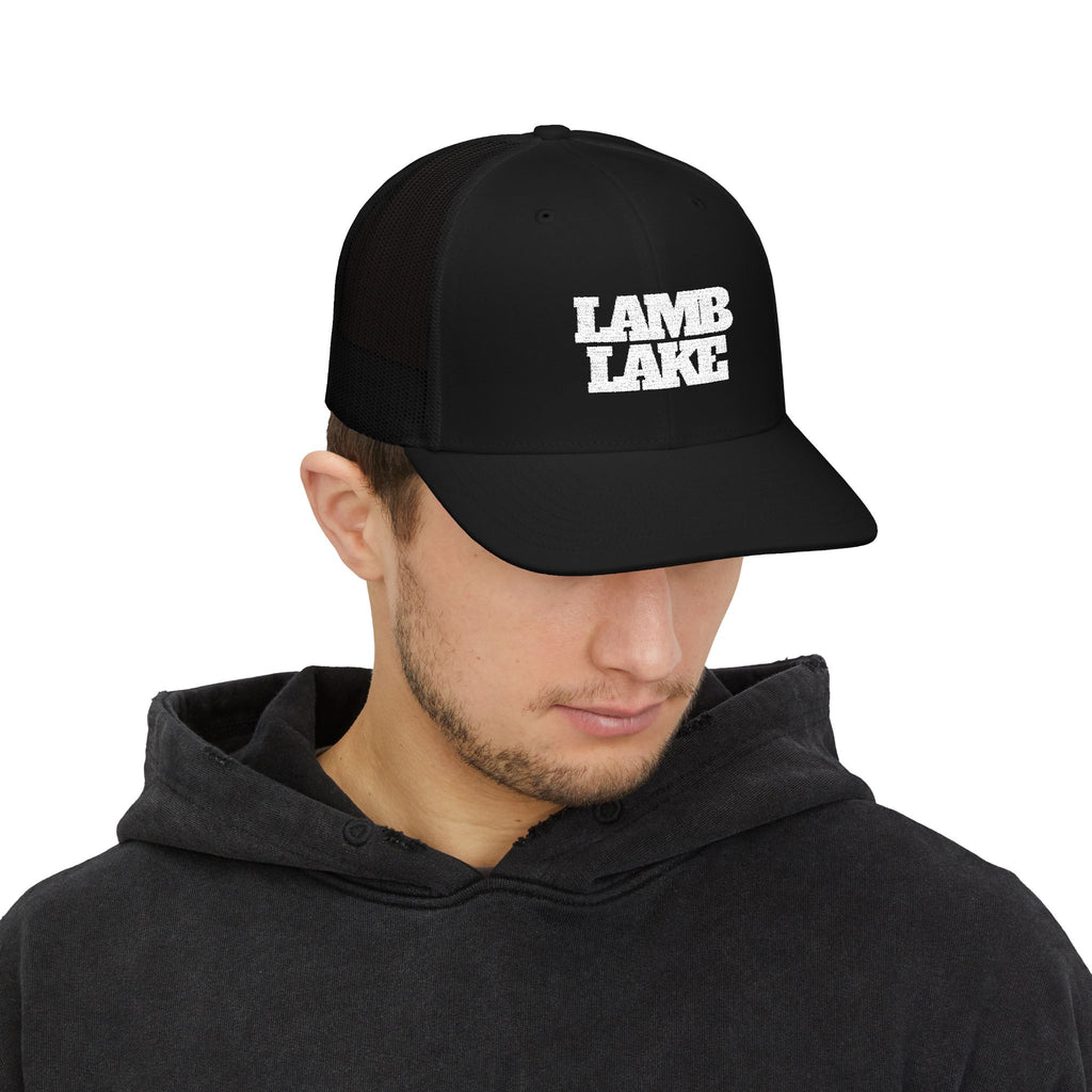 Lamb Lake Trucker Hat — Vintage White Mesh Snapback Cap