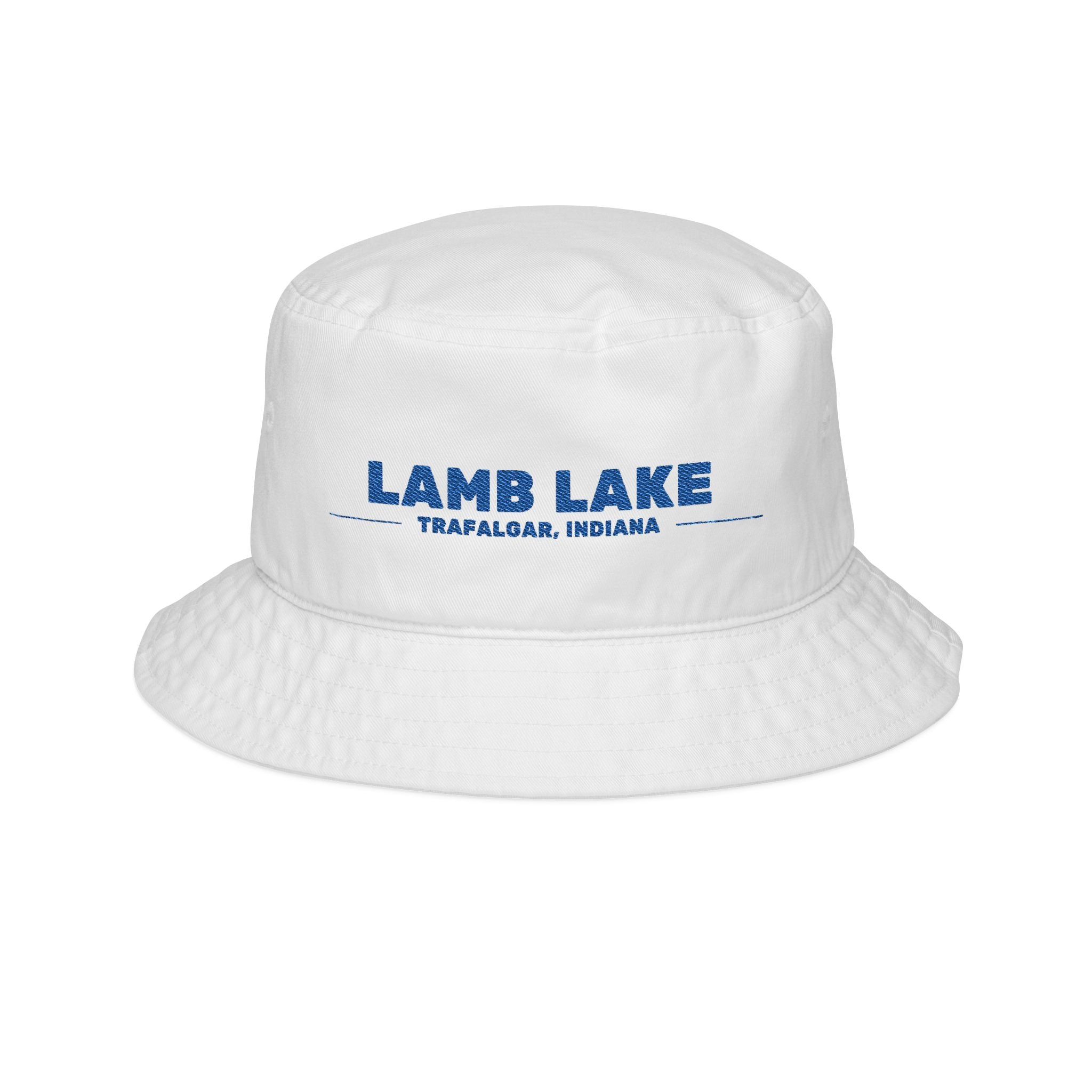 Lamb Lake Embroidered Bucket Hat — Retro Blue Text Travel Cap