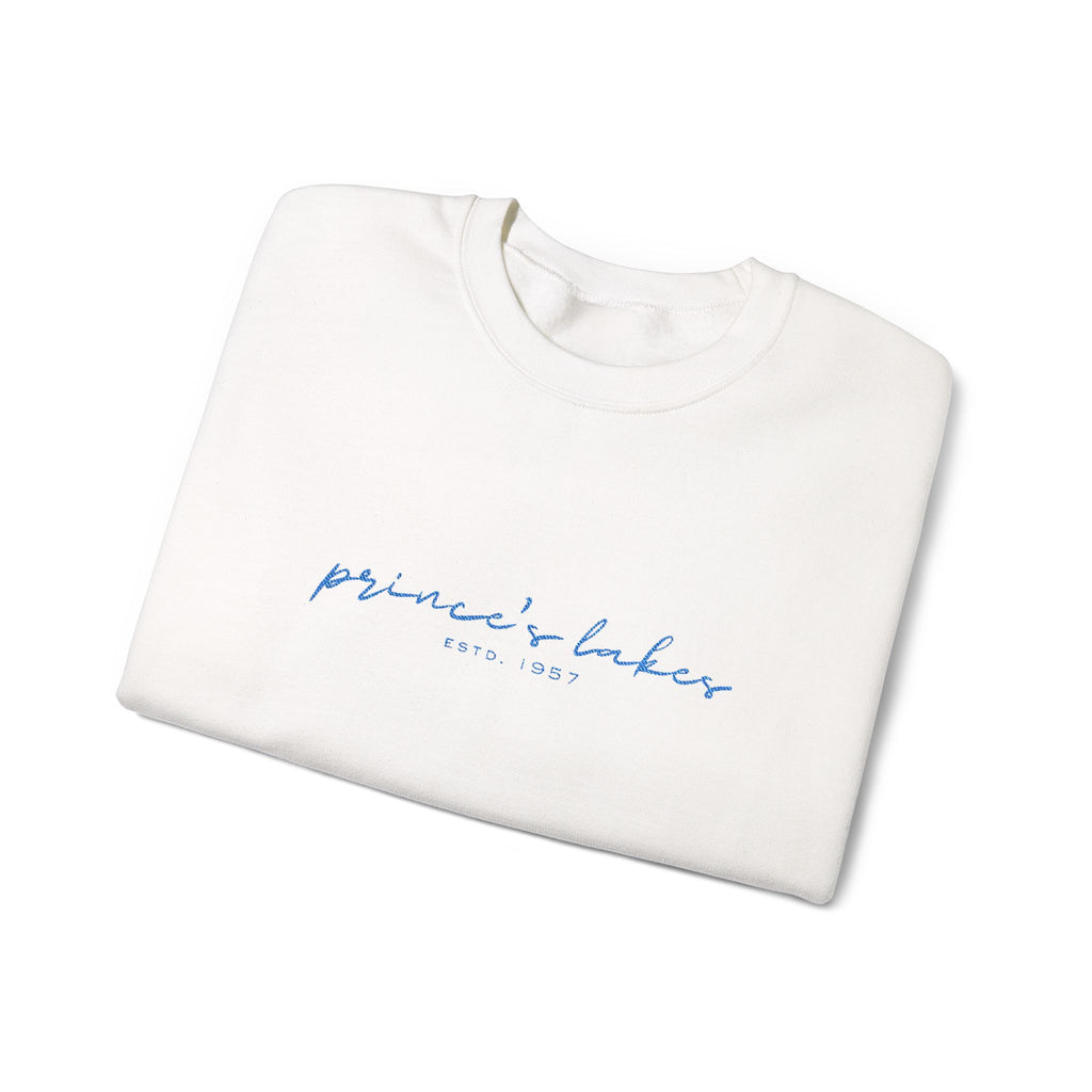 'Prince's Lakes' Script Embroidered Unisex Sweatshirt — Minimal Blue Handwritten Logo Crewneck