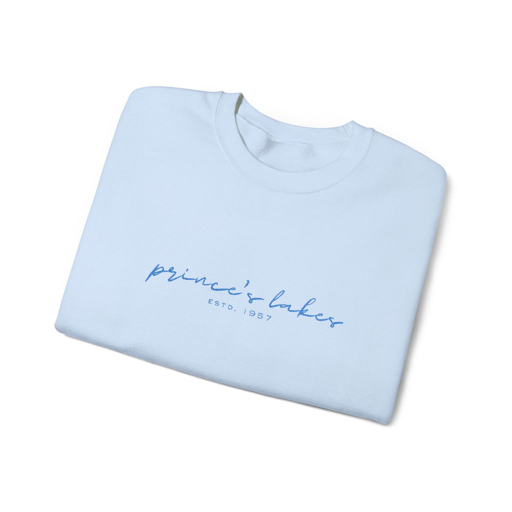 'Prince's Lakes' Script Embroidered Unisex Sweatshirt — Minimal Blue Handwritten Logo Crewneck