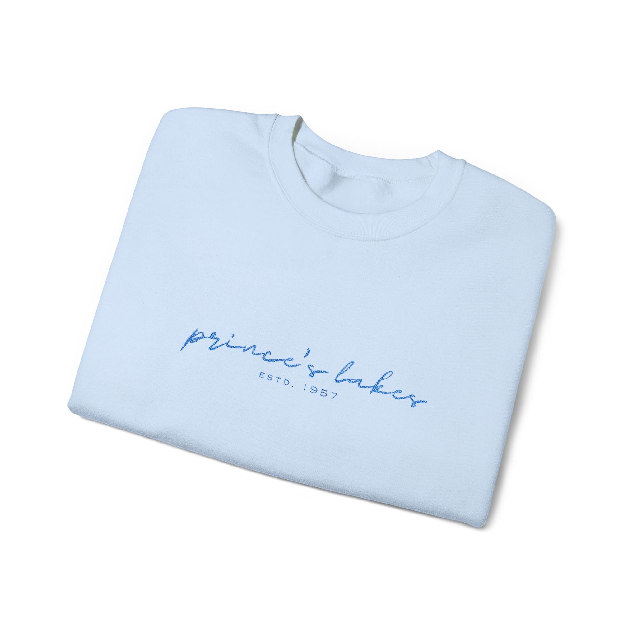 'Prince's Lakes' Script Embroidered Unisex Sweatshirt — Minimal Blue Handwritten Logo Crewneck