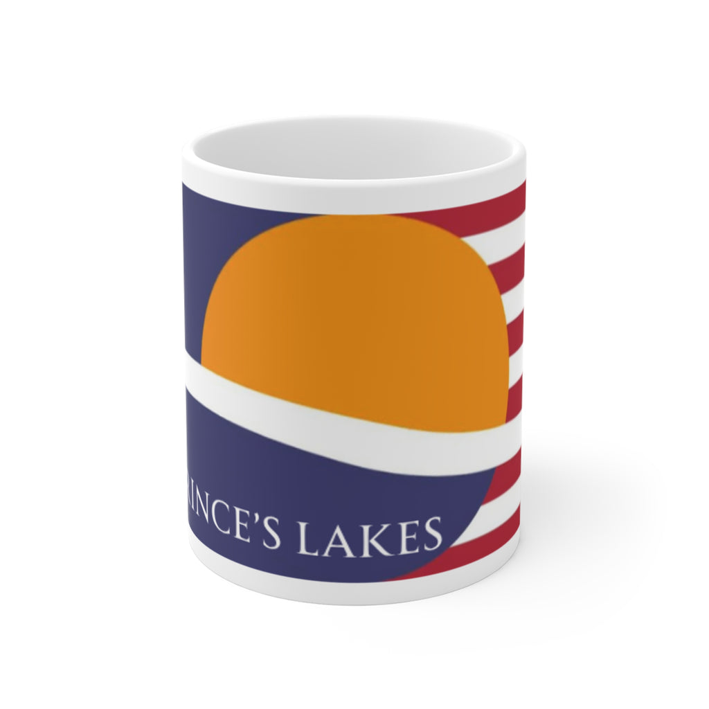 Prince's Lakes Flag Sunset Mug — Scenic Lake Cabin Coffee Cup (11oz)