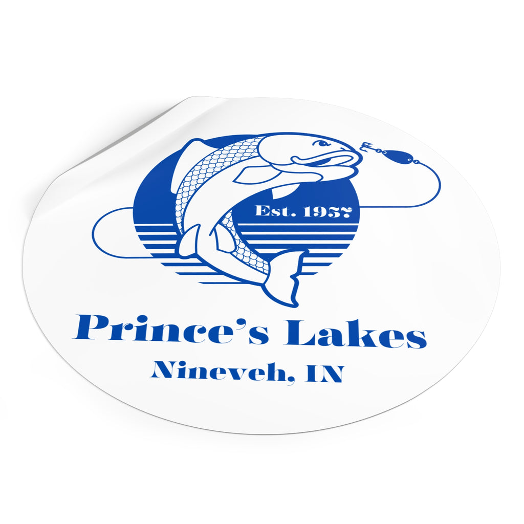 Prince's Lakes Fishing Sticker — Round Vinyl "Est. 1957" (Nineveh, IN)