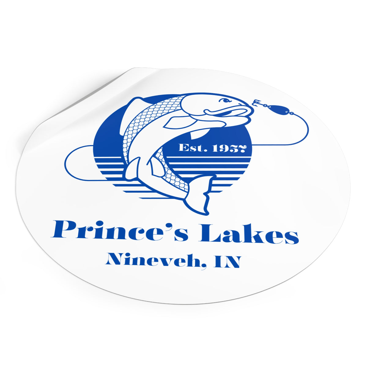 Prince's Lakes Fishing Sticker — Round Vinyl "Est. 1957" (Nineveh, IN)