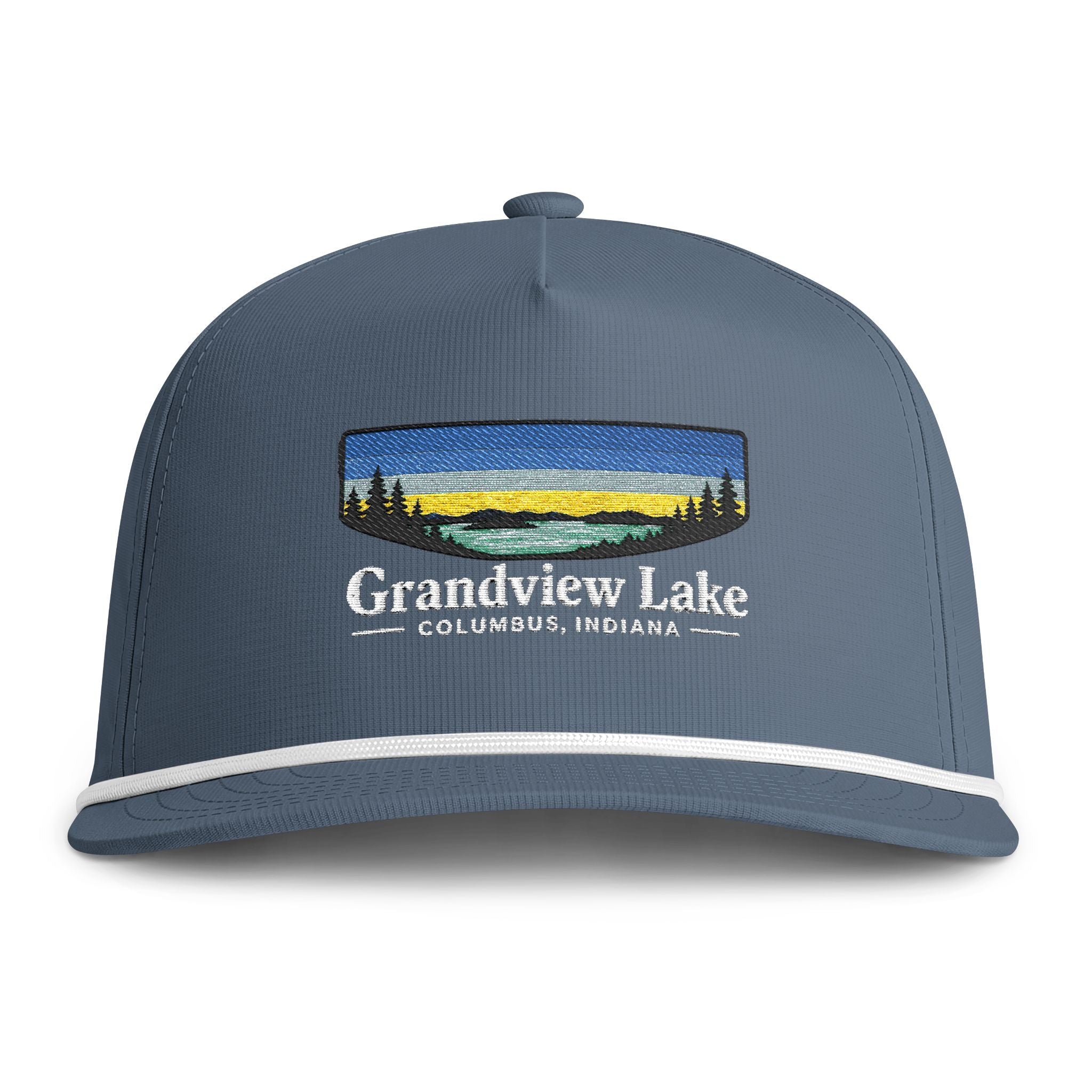 Sunset Lakes Rope Cap — Grandview Lake White Font Embroidered Trucker Hat