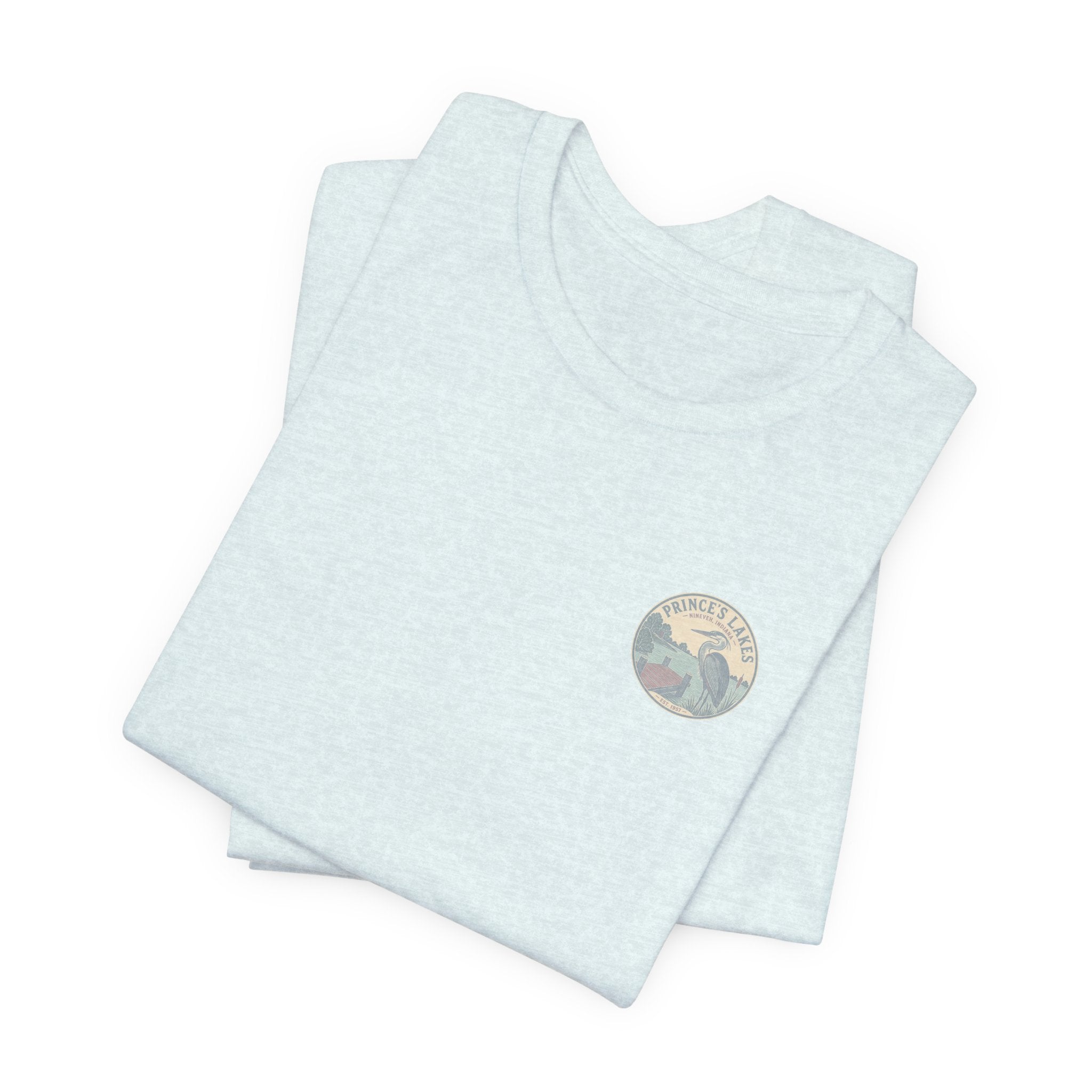Prince's Lakes Great Blue Heron Graphic Tee — Vintage Nature Pocket & Back Print