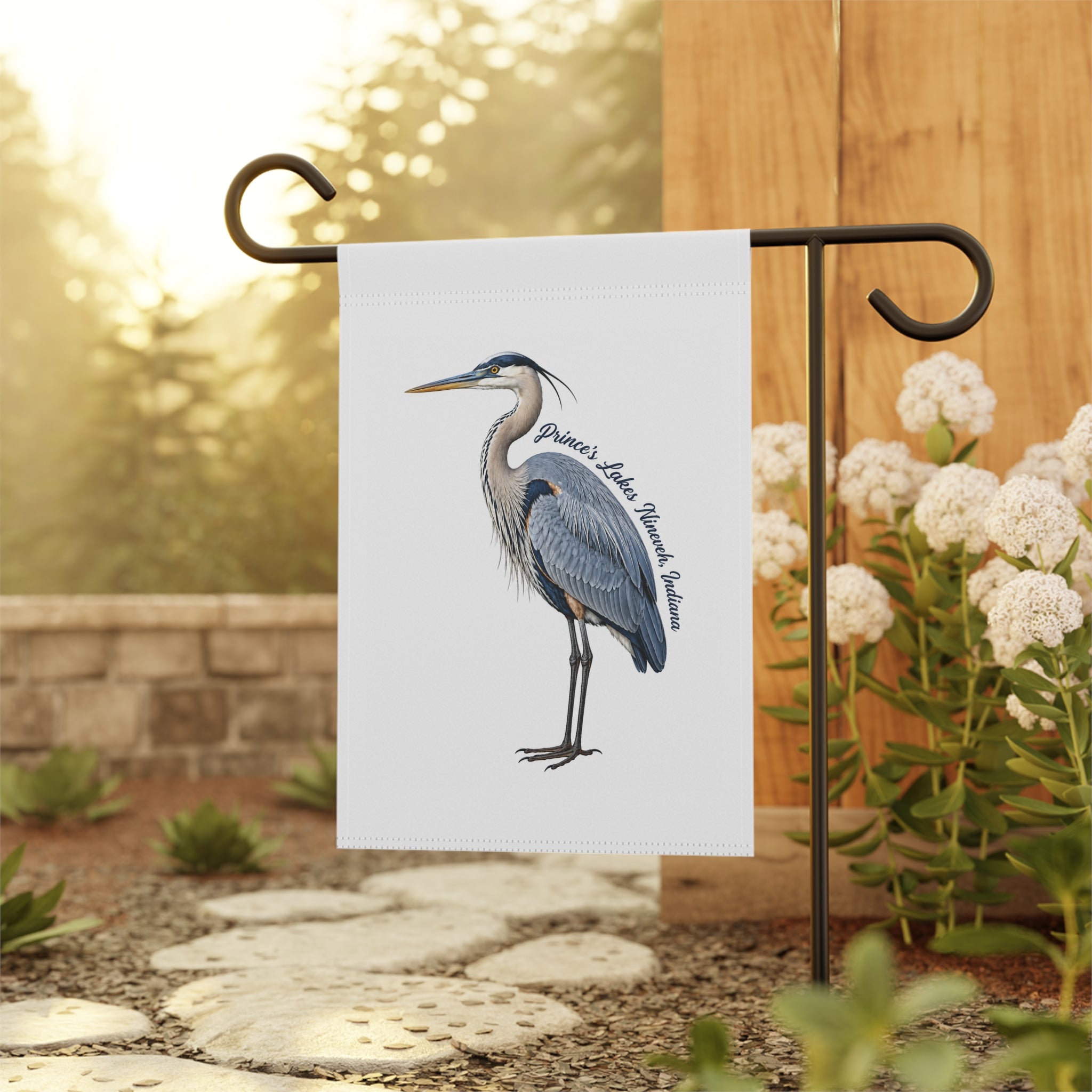 Blue Heron Garden Flag – Personalized 'Prince's Lake, Nineveh, Indiana' House Banner