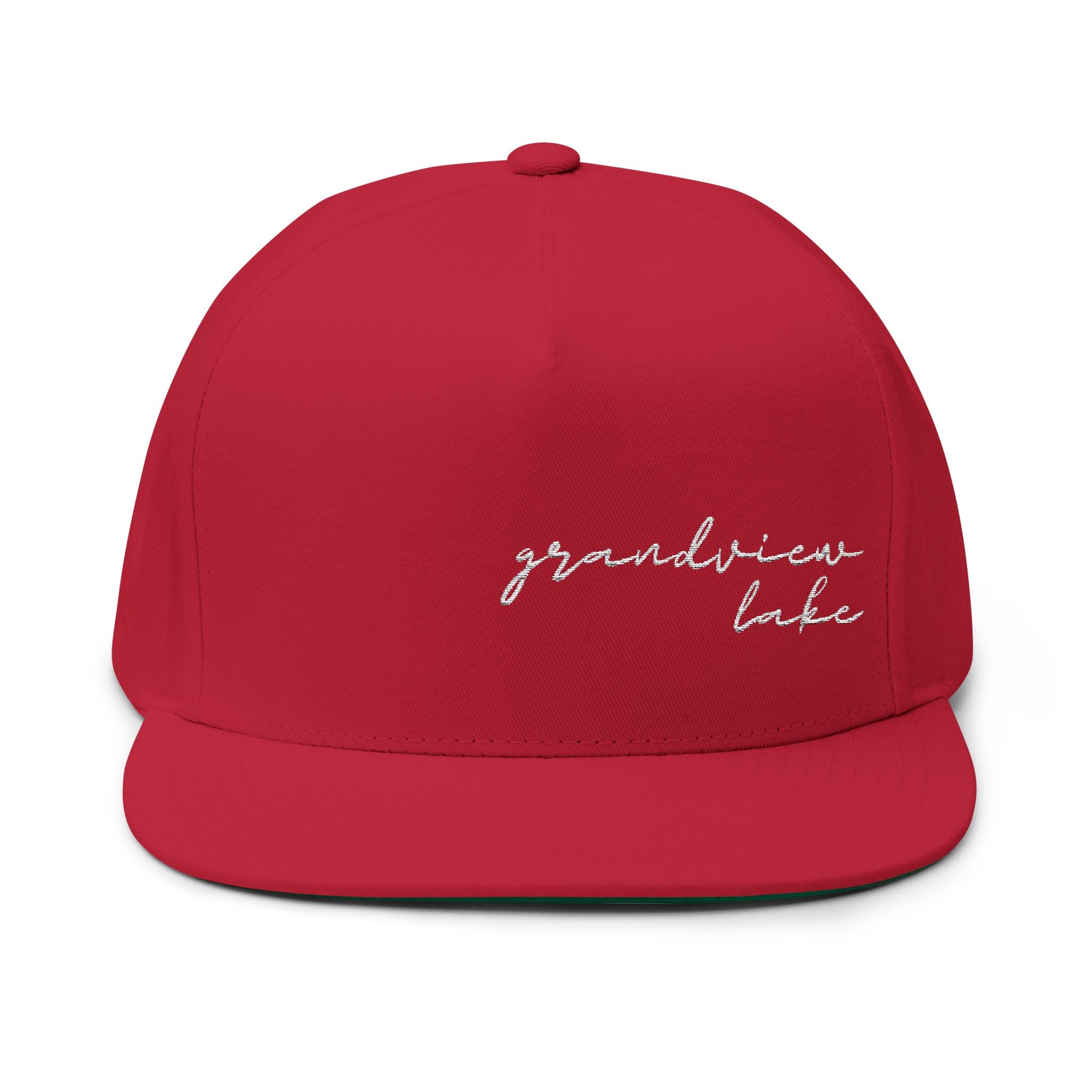 Grandview Lake White Script Embroidered Flat Bill Cap