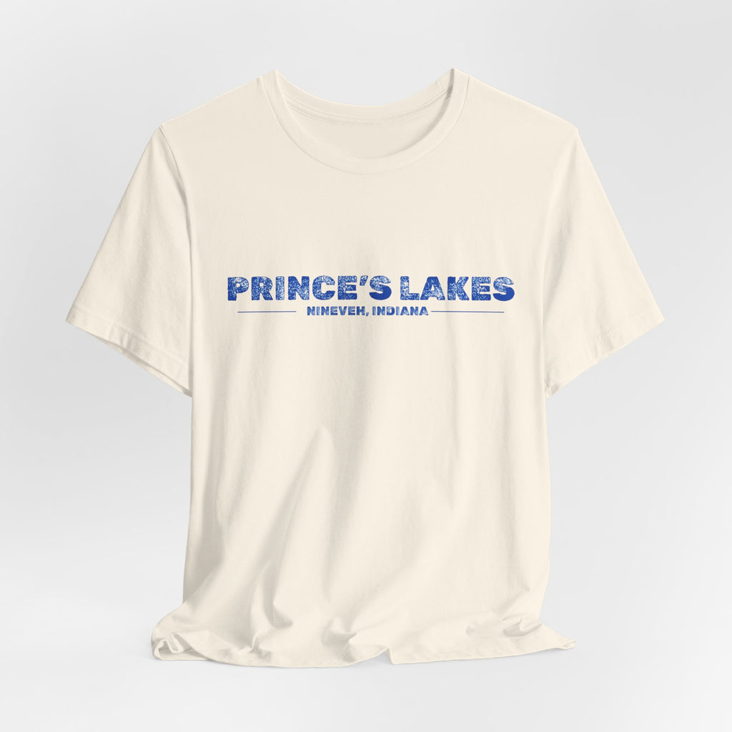 Prince's Lakes, Indiana Tee — Vintage Blue Text Short Sleeve T-Shirt