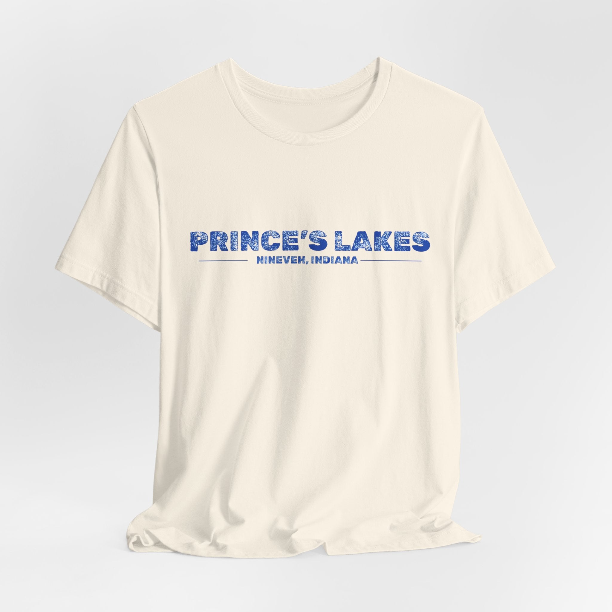 Prince's Lakes, Indiana Tee — Vintage Blue Text Short Sleeve T-Shirt