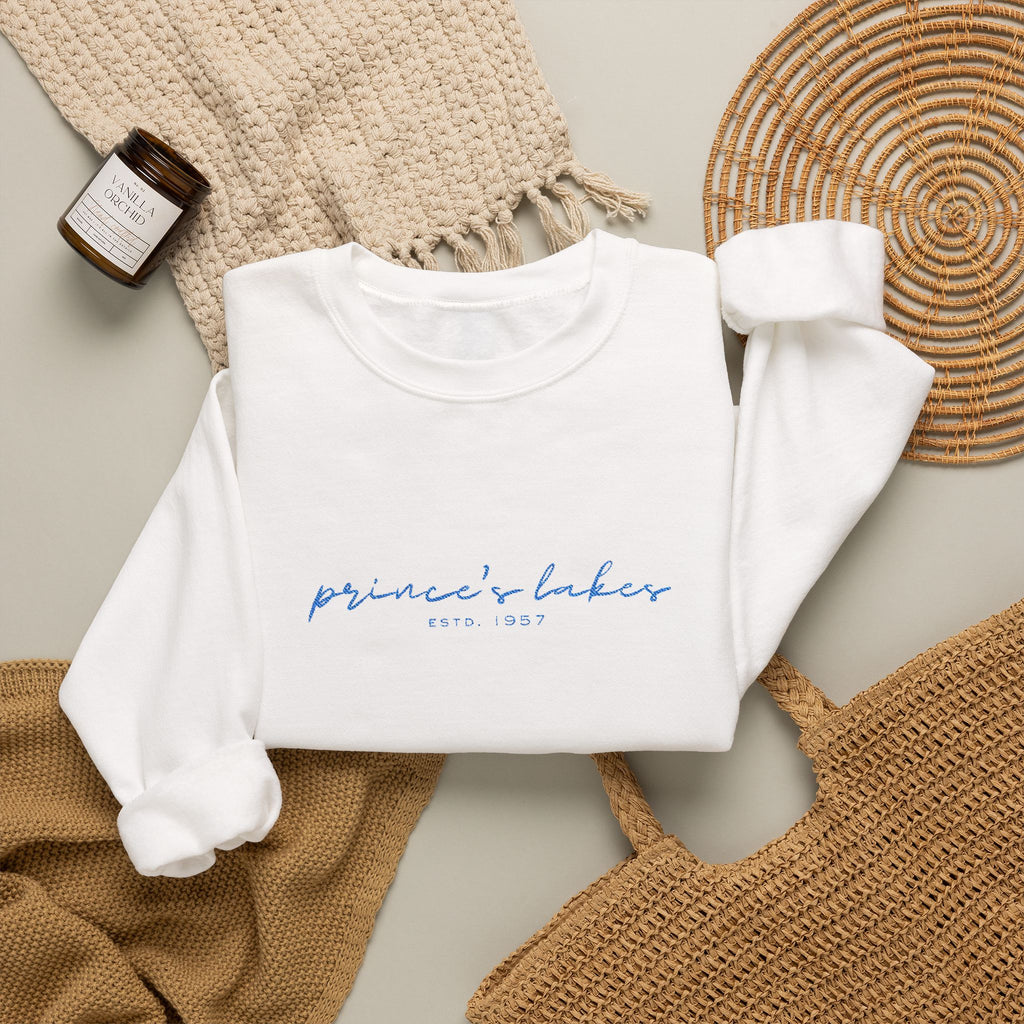 'Prince's Lakes' Script Embroidered Unisex Sweatshirt — Minimal Blue Handwritten Logo Crewneck
