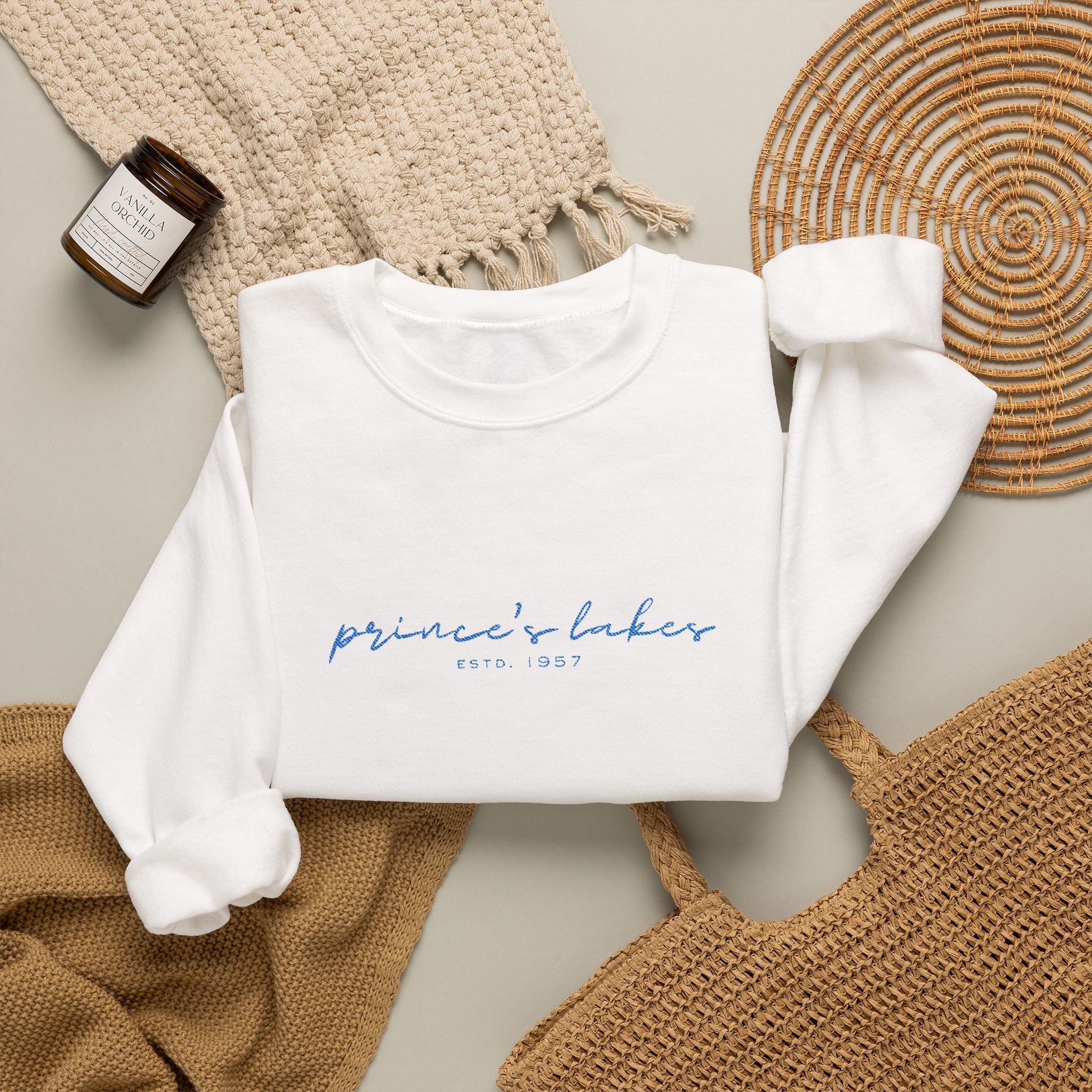 'Prince's Lakes' Script Embroidered Unisex Sweatshirt — Minimal Blue Handwritten Logo Crewneck