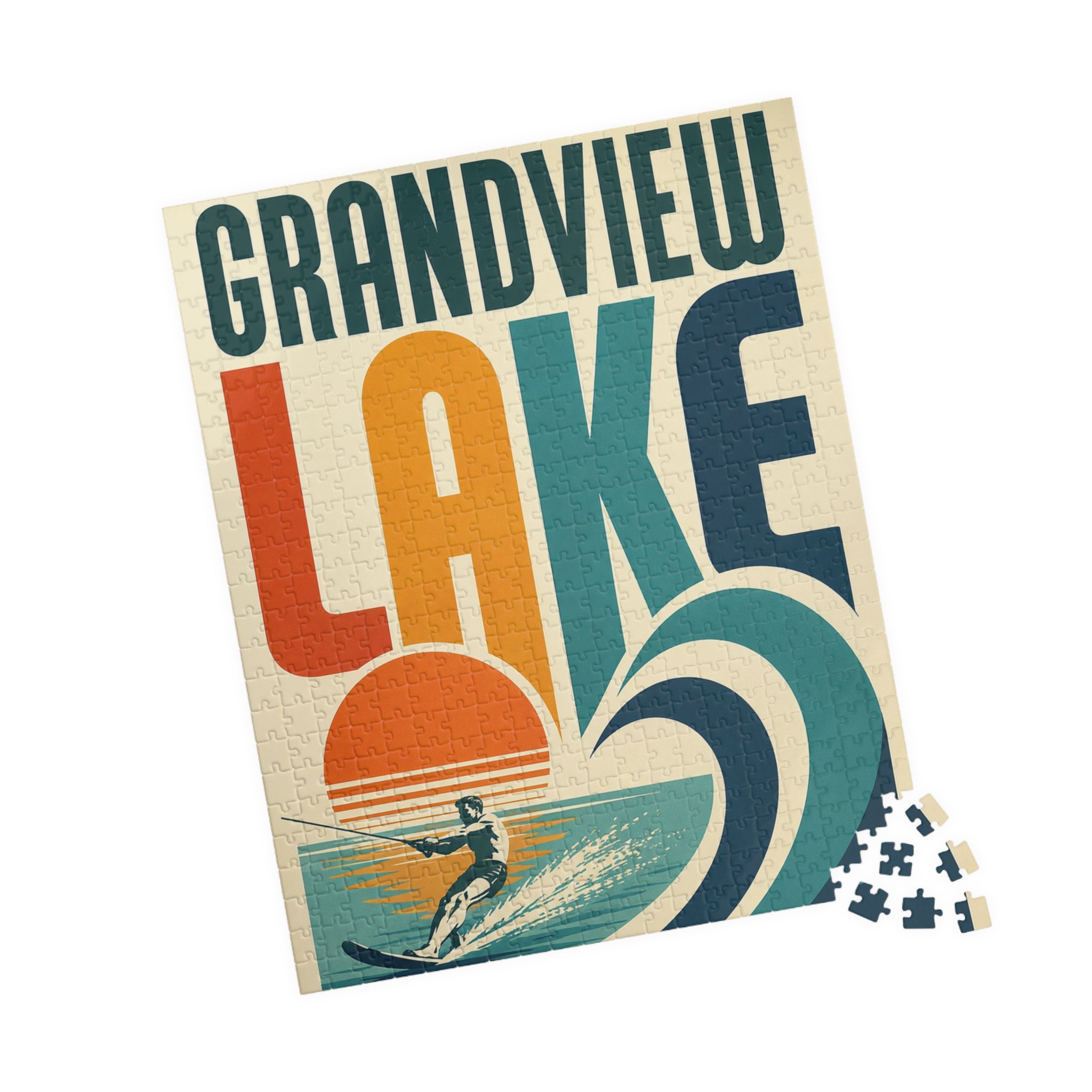 Kids Grandview Lake Retro Waterskiing Puzzle — Vintage Lake Poster Jigsaw (110/252/520 pcs)