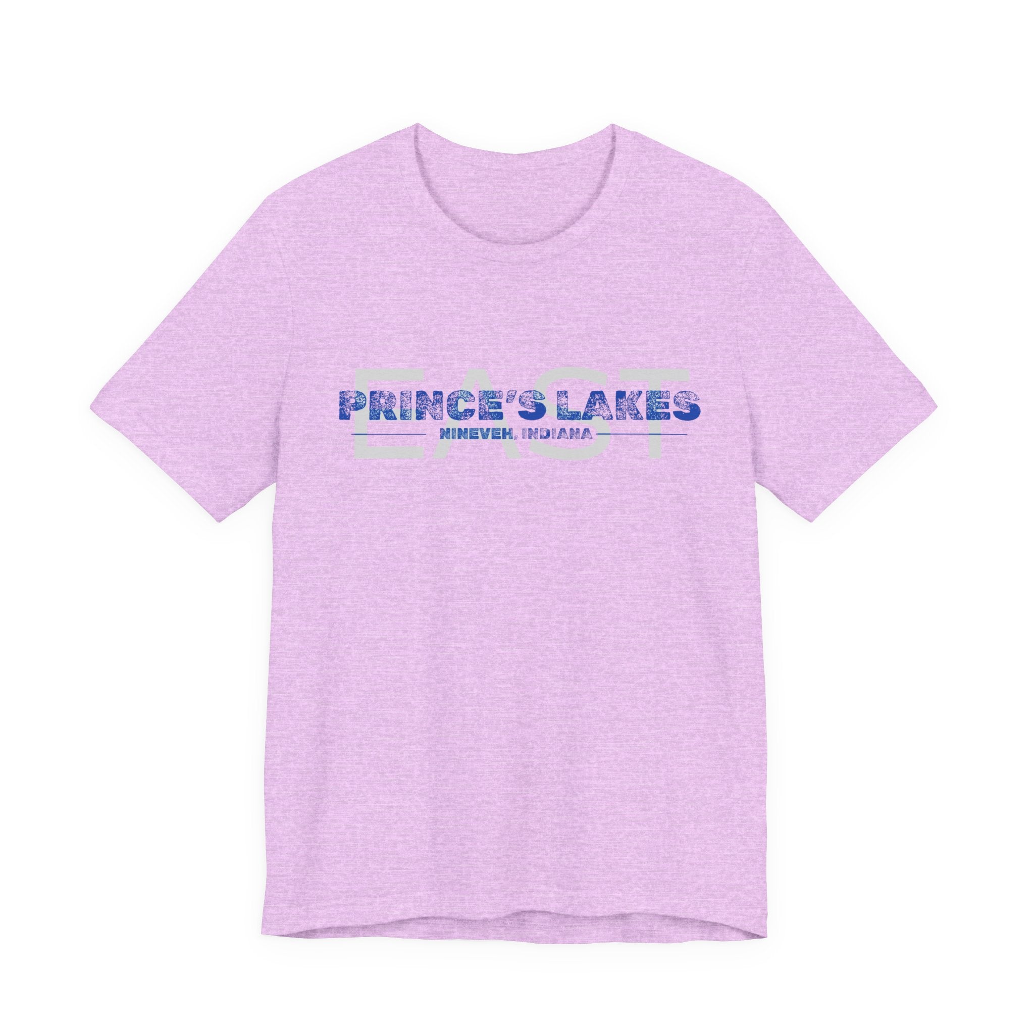 EAST Prince's Lakes, Indiana Tee — Vintage Blue Text Short Sleeve T-Shirt