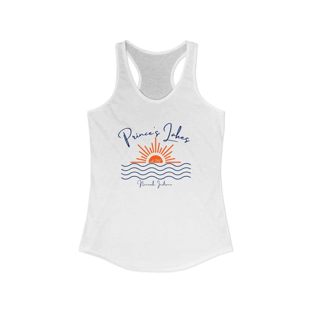 Women's Ideal Racerback Tank- Sun over Water "Prince's Lakes" Script